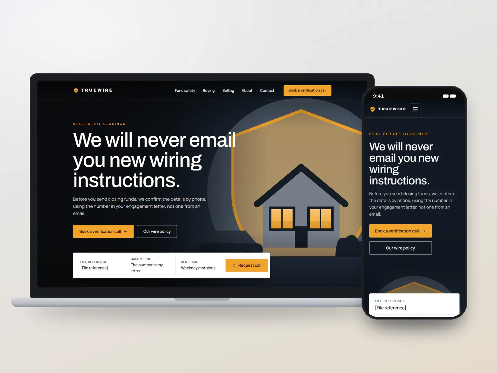 Truewire Law, a steel and safety amber real estate law website with a full-width night illustration of a home under a shield, the headline about wiring instructions and a call-back bar, on a laptop and a phone.