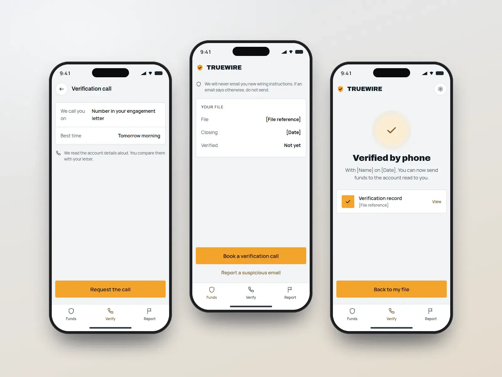 Truewire verify app, three steel and amber phone screens: a before-you-send-funds warning, a verification call booking, and a confirmation that the funds details were verified by phone.