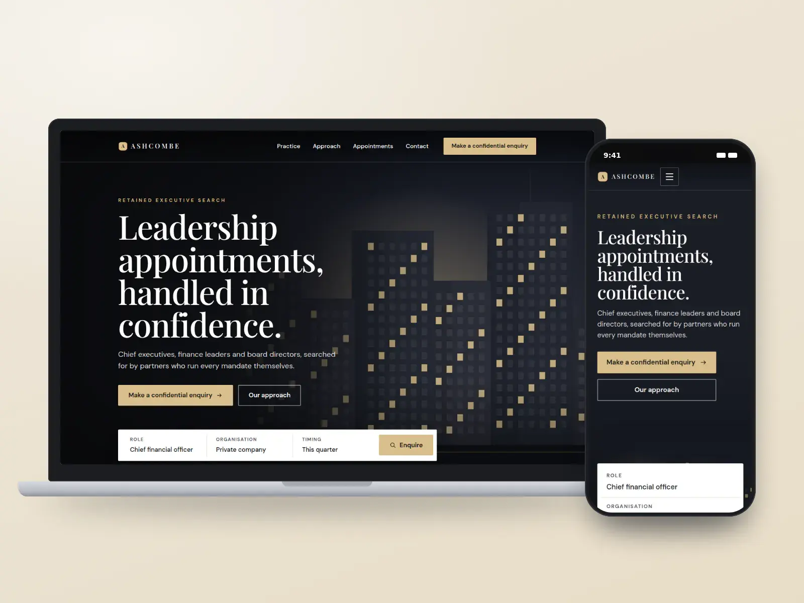 Ashcombe Search Partners, a midnight and champagne executive search website with a full-width dusk skyline, a centred serif headline and a confidential enquiry bar, on a laptop and a phone.