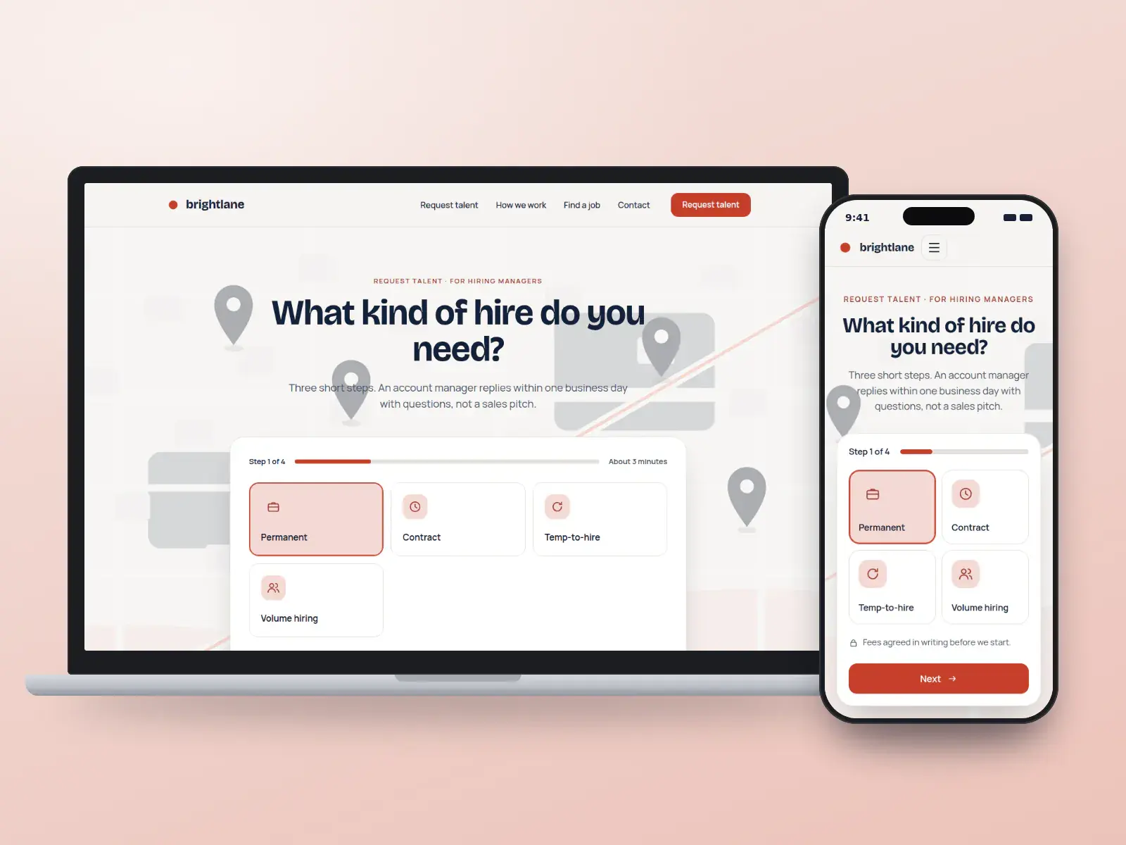 Brightlane Talent, a coral and navy recruiting website with a step-by-step request asking what kind of hire you need, with tiles for permanent, contract, temp-to-hire and volume, on a laptop and a phone.