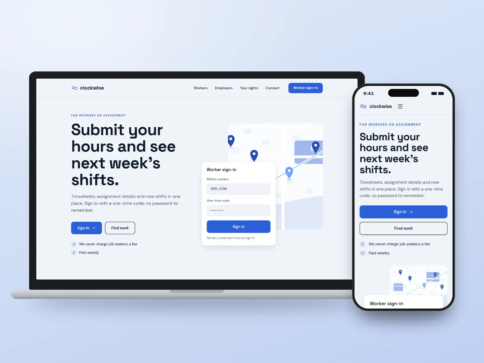Clockwise Staffing, an electric blue and frost temp staffing website with a worker sign-in card floating over a map of linked work sites, and a headline about submitting hours, on a laptop and a phone.
