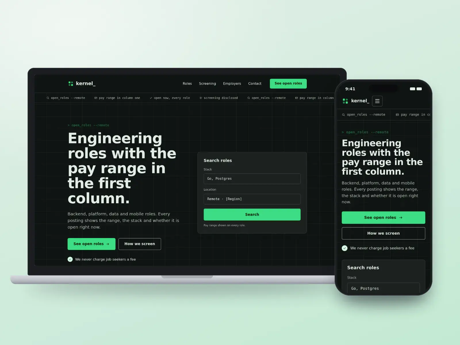Kernel Talent, a terminal green and black engineering recruiting website with a command-line ticker of open roles, a role search panel and a server-like illustration, on a laptop and a phone.