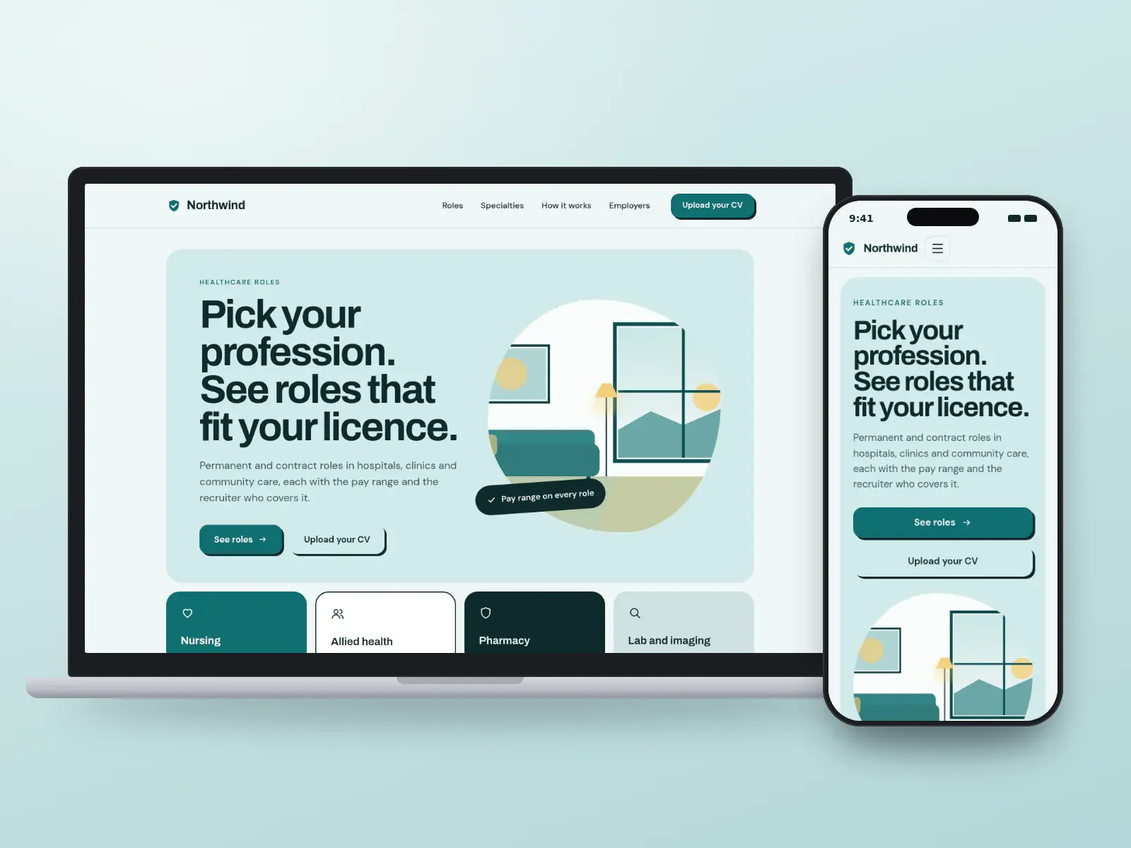 Northwind Clinical Talent, a clinical teal healthcare recruiting website with big type, a clinic interior illustration and tiles for nursing, allied health, pharmacy and lab roles, on a laptop and a phone.