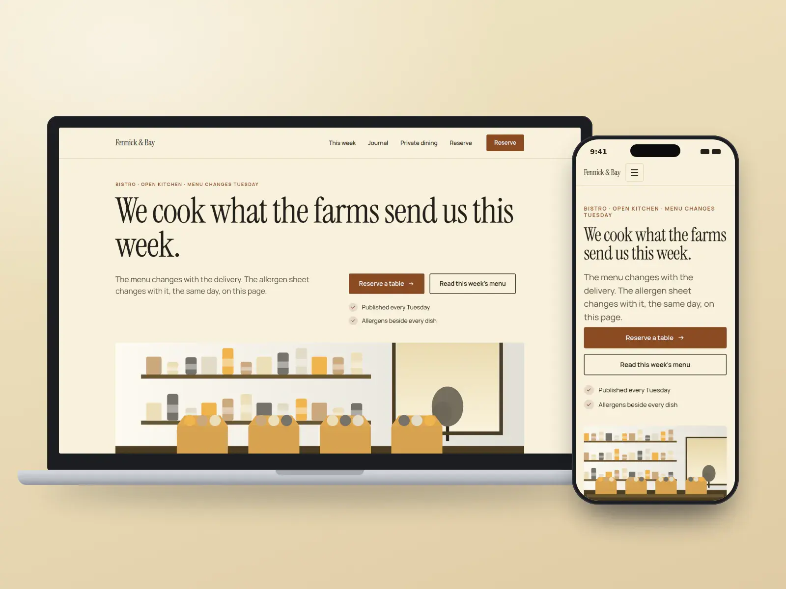 Fennick & Bay, a butter yellow and charcoal bistro website with an oversized serif headline, a wide open-kitchen drawing and a journal of seasonal articles, on a laptop and a phone.