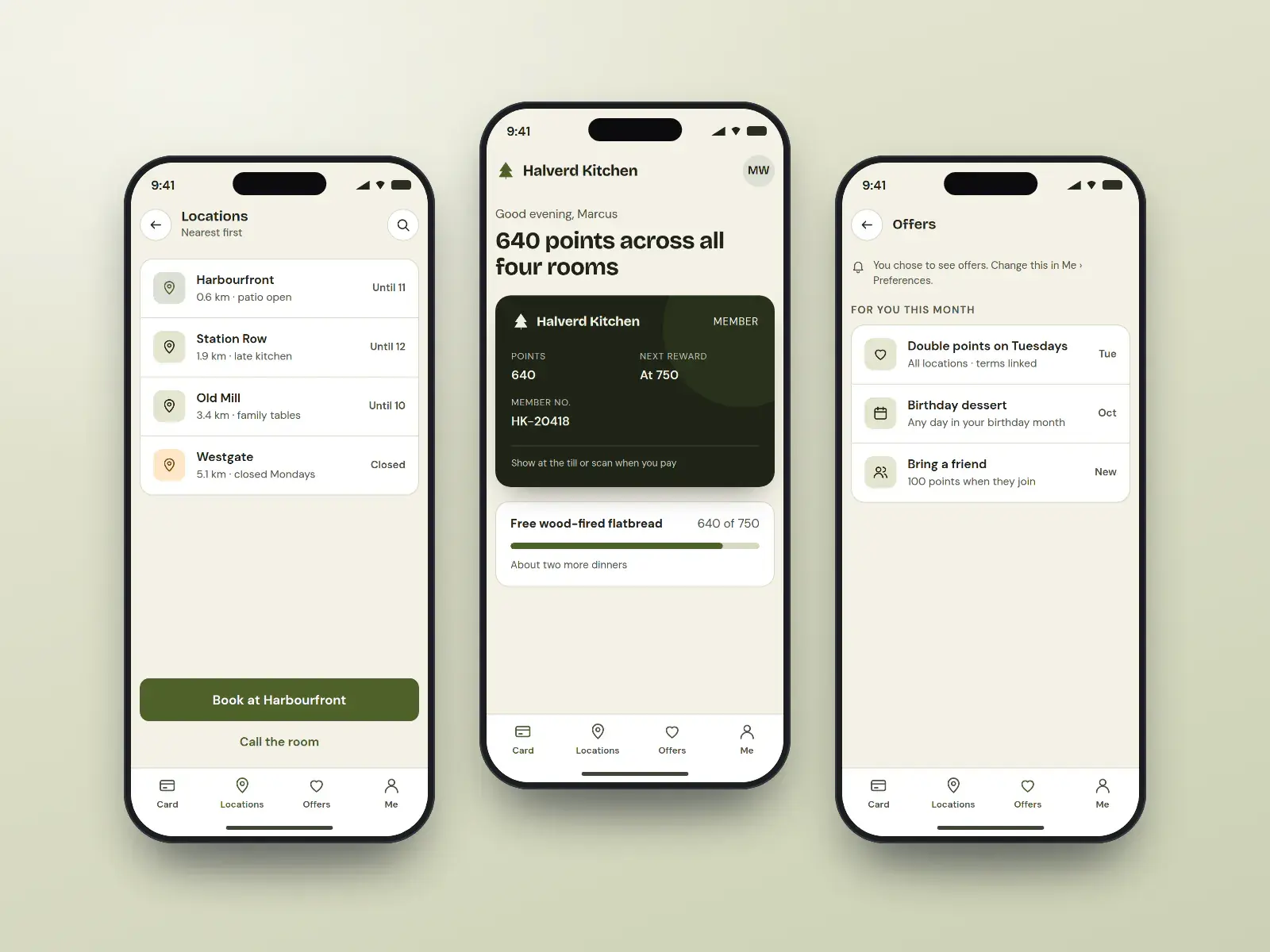 Halverd rewards app, three olive and paper phone screens: a member card with the points balance, a list of four locations with tonight’s hours, and opted-in offers with their terms.