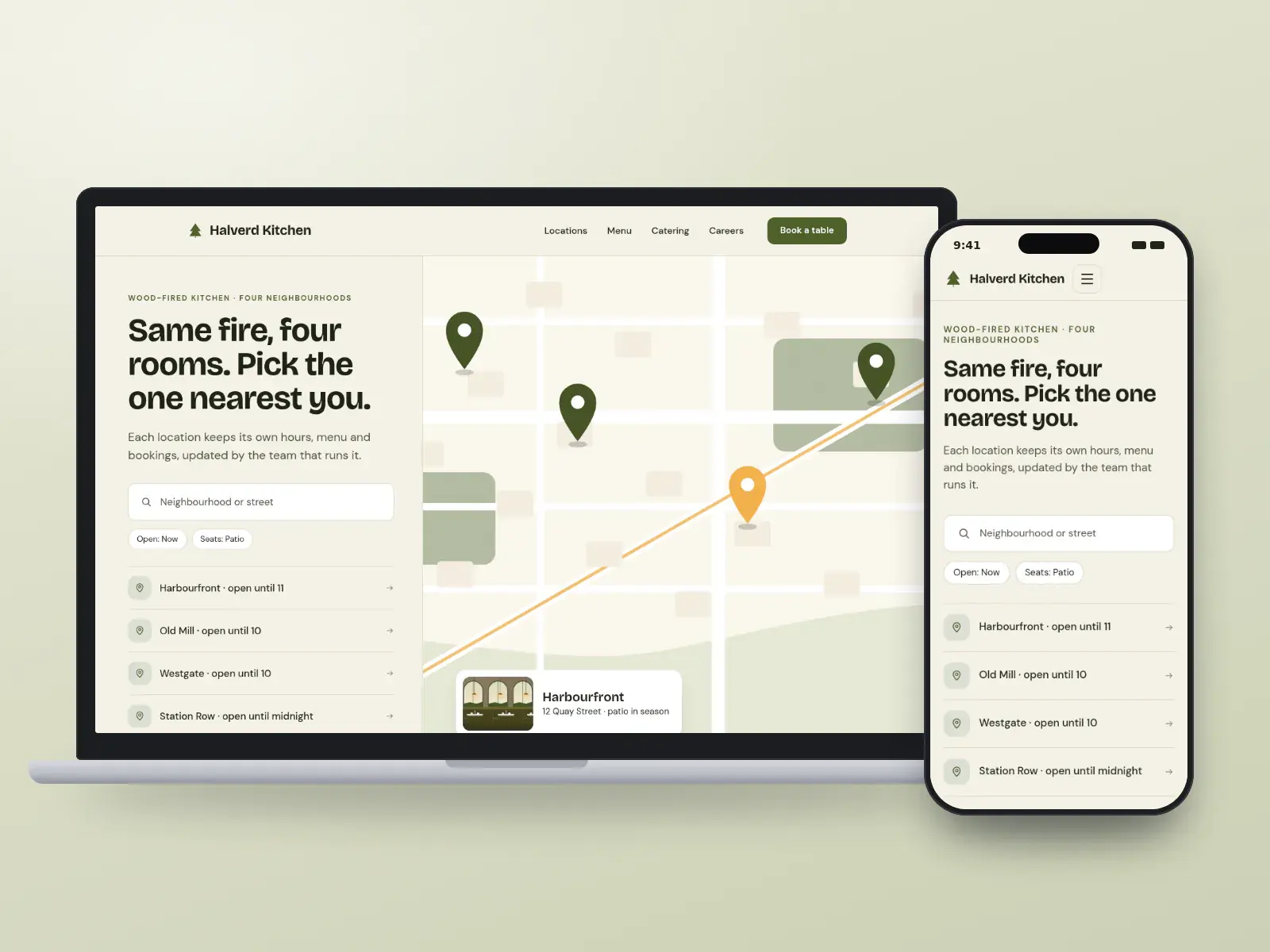 Halverd Kitchen, an olive and paper restaurant group website with a drawn city map, a list of four locations and an open-now card, shown on a laptop and a phone.