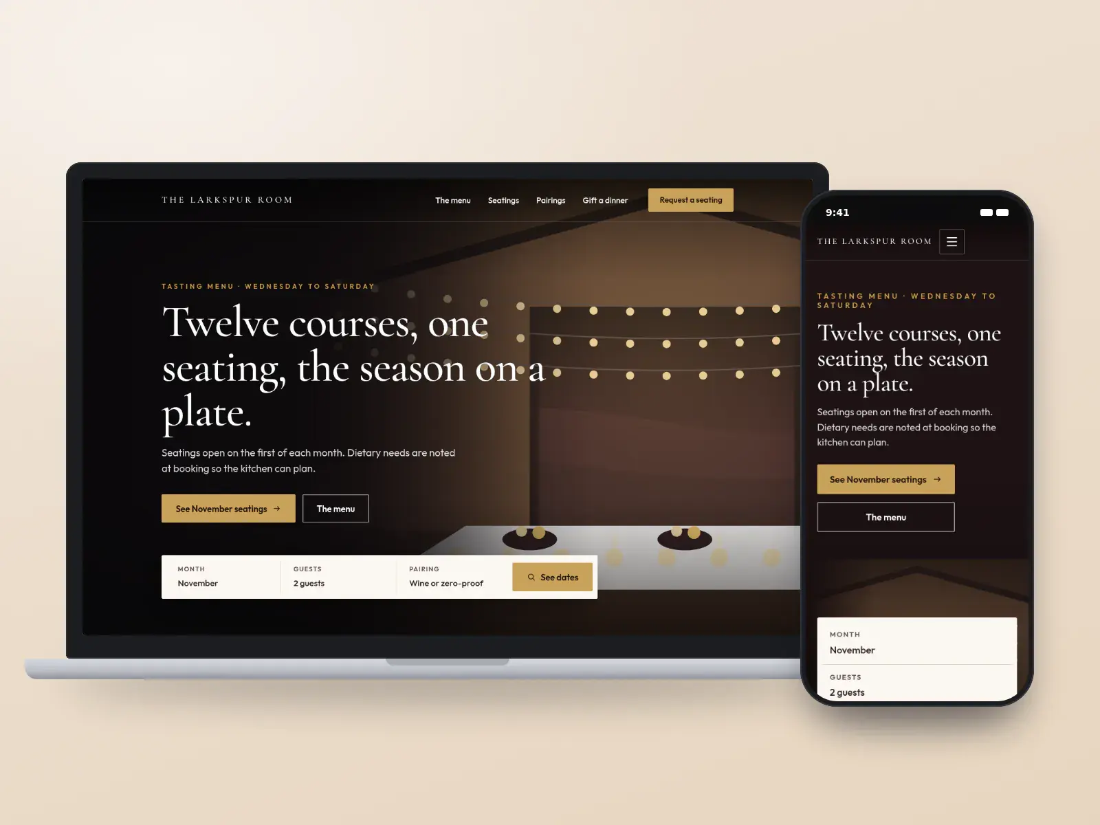 The Larkspur Room, an oxblood and gold tasting-menu website with a full-width drawing of an arched dining room at night and a seating request bar, on a laptop and a phone.