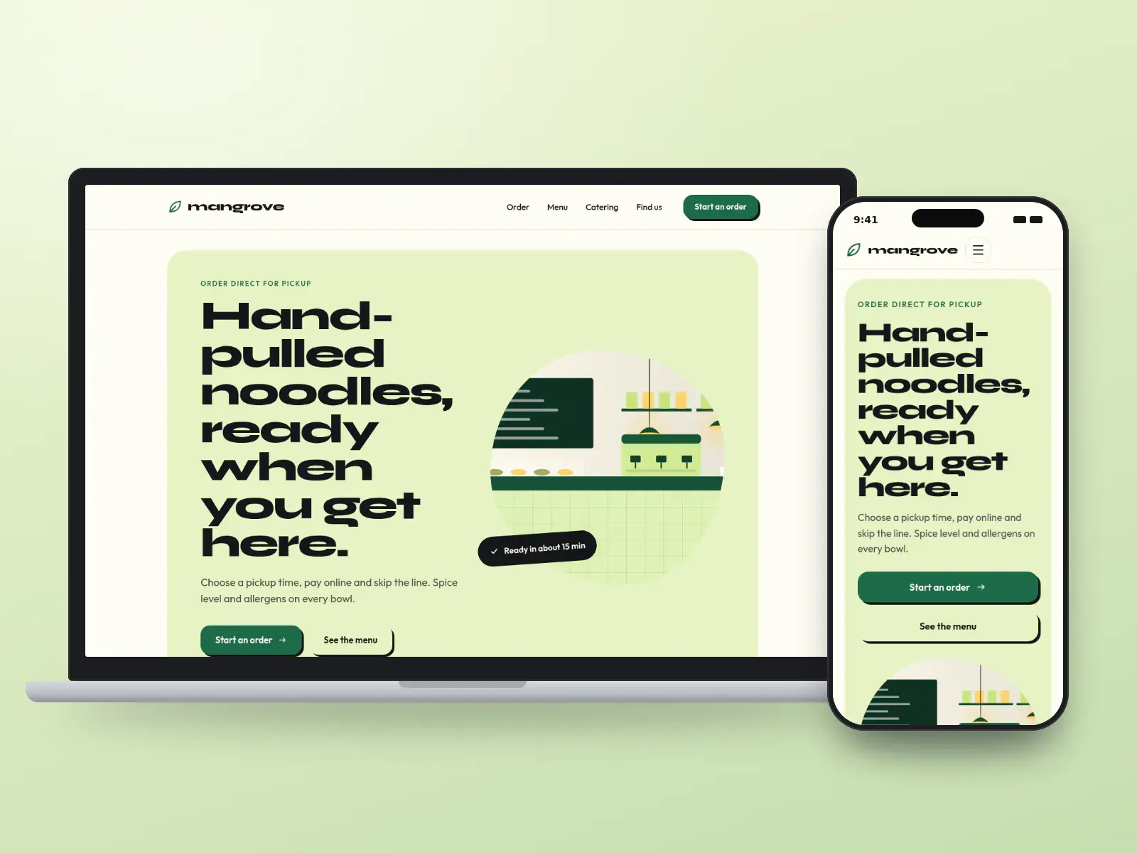 Mangrove Noodle Bar, a lime green and ink takeout website with oversized type, a rounded drawing of the noodle counter and four ordering tiles, on a laptop and a phone.
