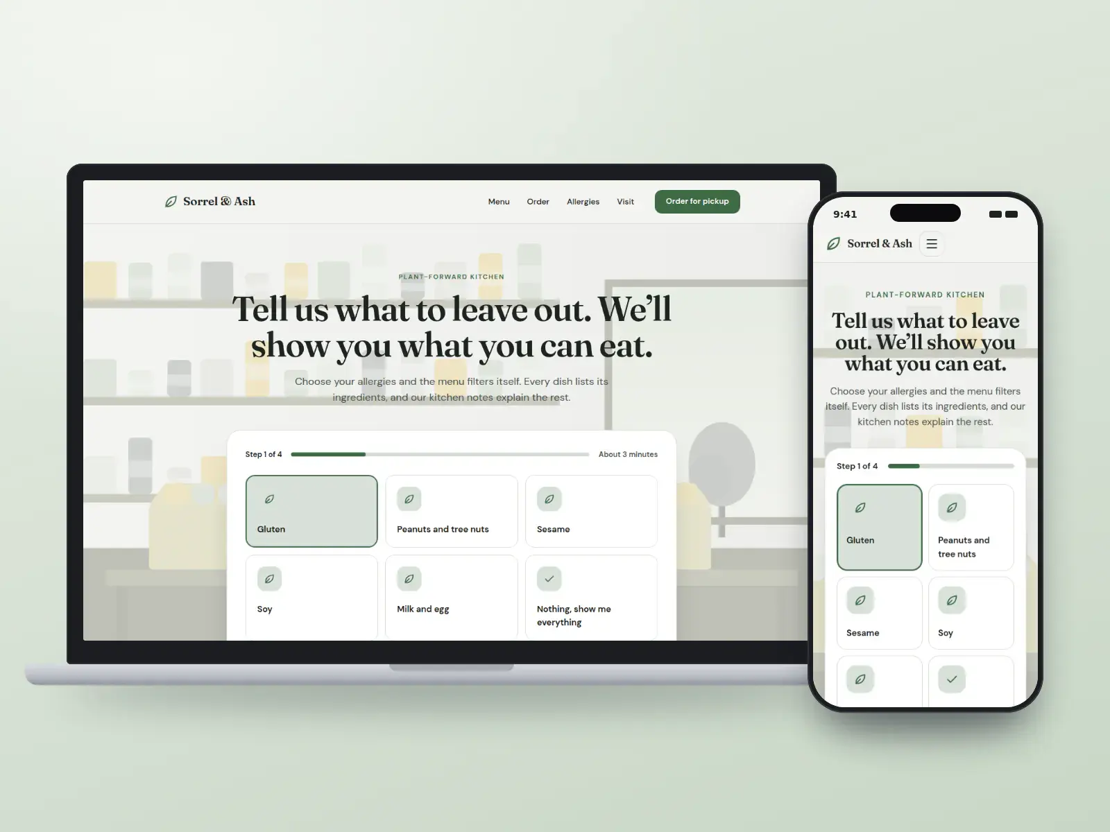 Sorrel & Ash, a sorrel green and ash grey plant-forward restaurant website with a “what should we leave out?” chooser of allergen tiles over a soft botanical wash, on a laptop and a phone.