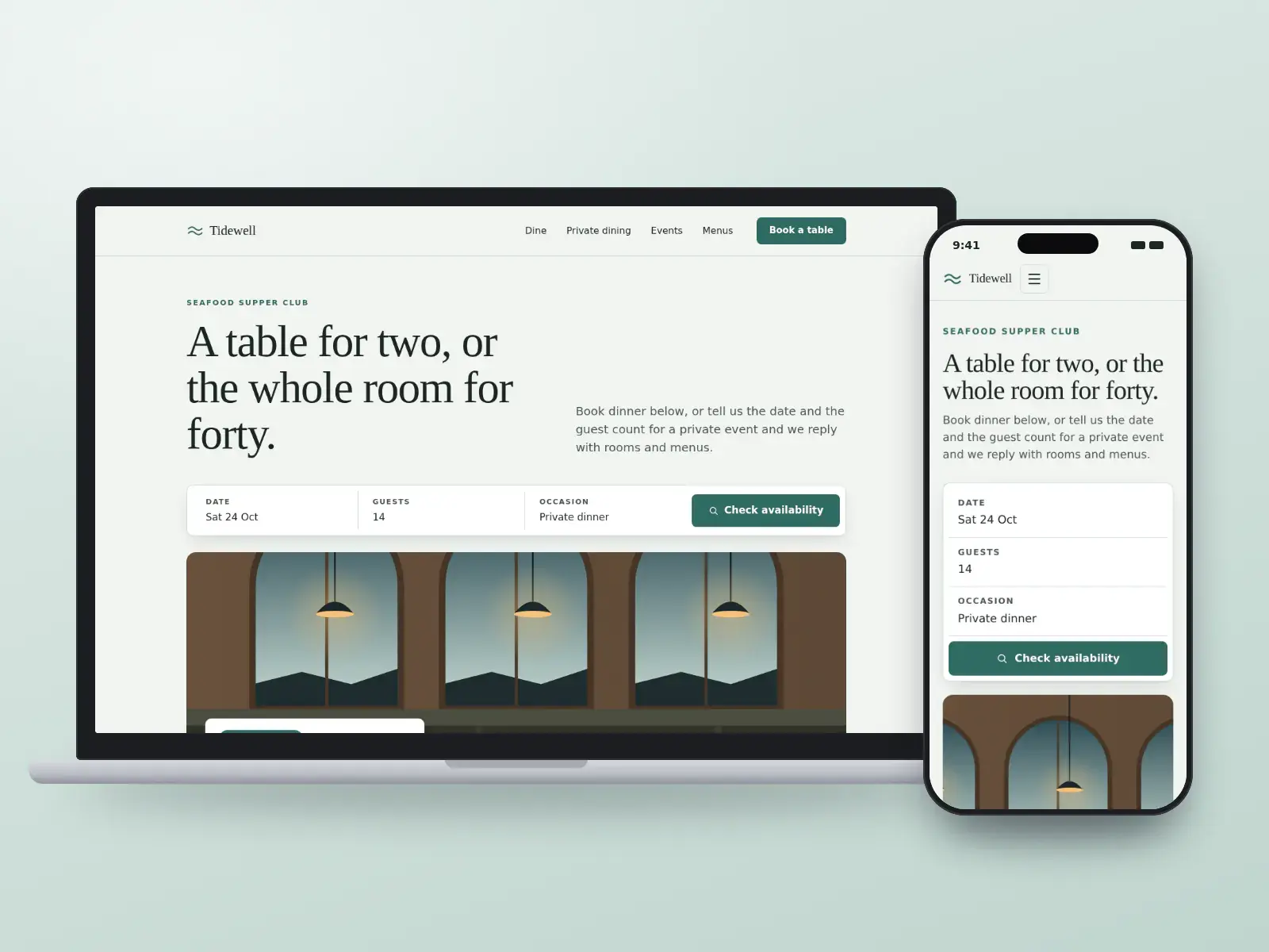 Tidewell Supper Club, a sea glass and walnut seafood restaurant website with a booking bar for date, guests and occasion over a wide drawing of the dining room, on a laptop and a phone.