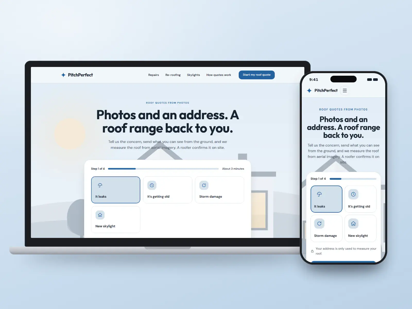 PitchPerfect Roofing, a sky blue and graphite roof quote wizard website on a laptop and a phone, with step one of four asking about leaks, age or storm damage.