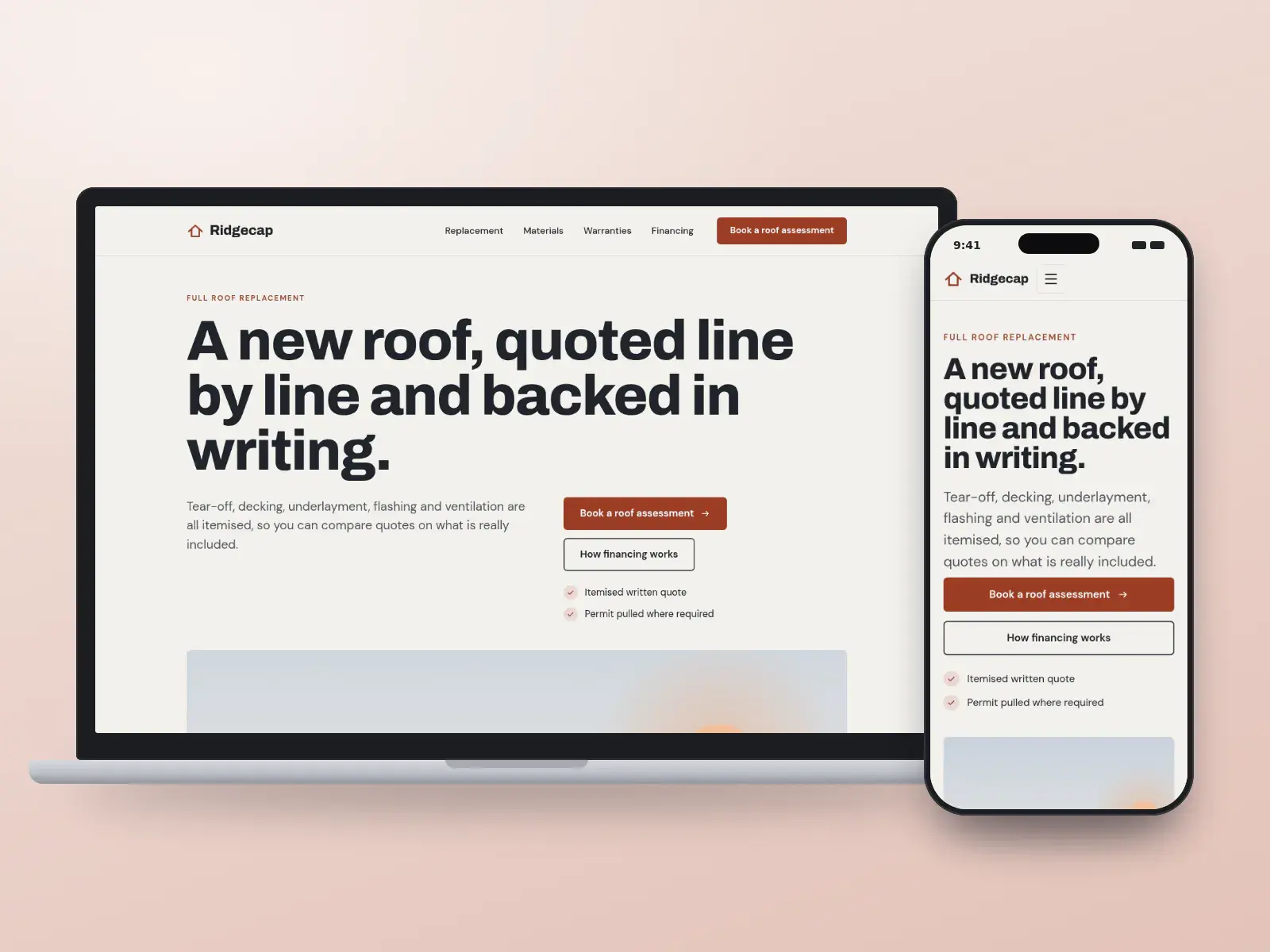 Ridgecap Roofing Co., a slate and brick editorial roof replacement website on a laptop and a phone, with a bold headline, a wide house drawing and a warranty table.