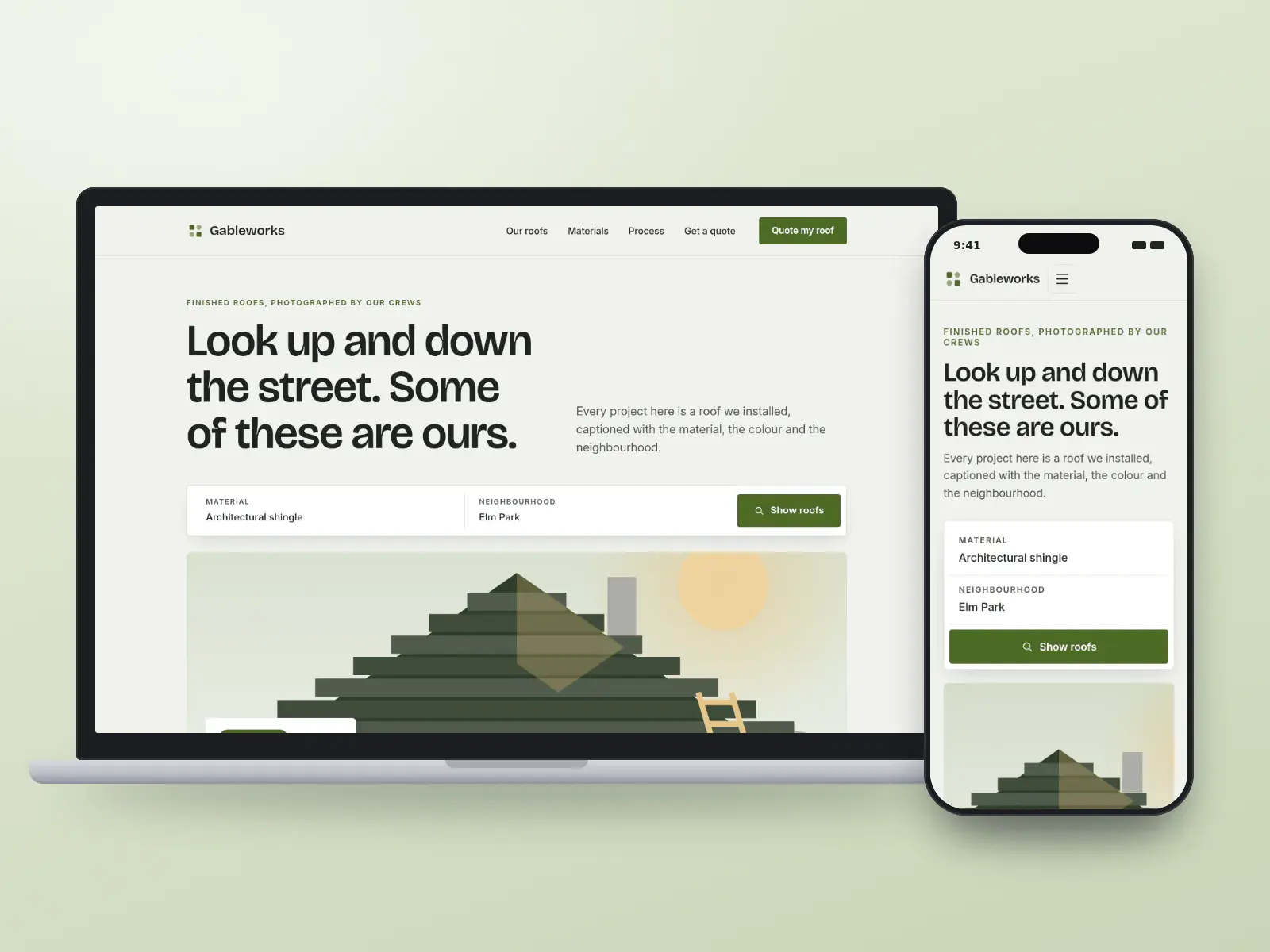 Gableworks Roofing, a charcoal and lichen green roofing portfolio website on a laptop and a phone, with a finished roof up front and a search by material and neighbourhood.