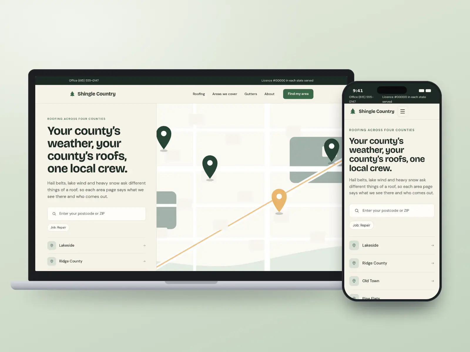 Shingle Country Roofers, a pine green and sandstone roofing website on a laptop and a phone, with a map of the counties covered, an area search and a list of local area pages.
