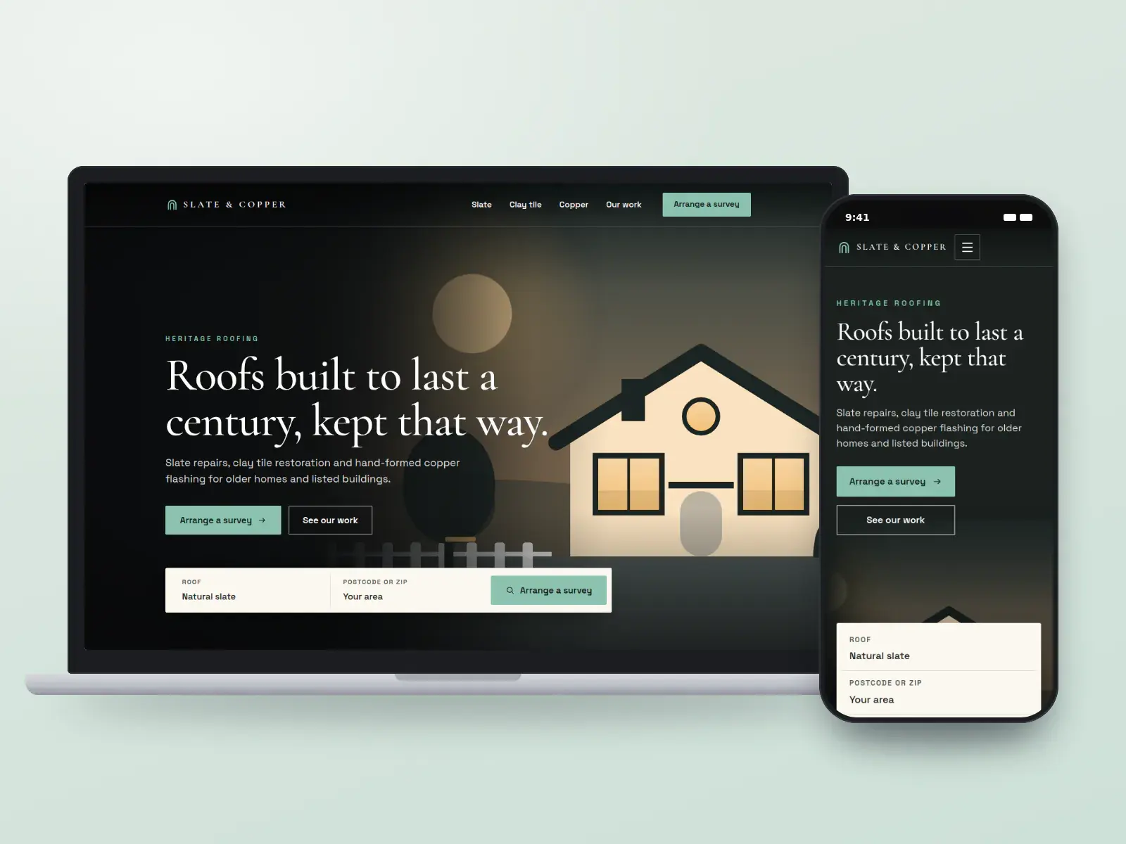 Slate & Copper Works, a verdigris and parchment heritage roofing website on a laptop and a phone, with a serif headline over a house at dusk and a survey request bar.