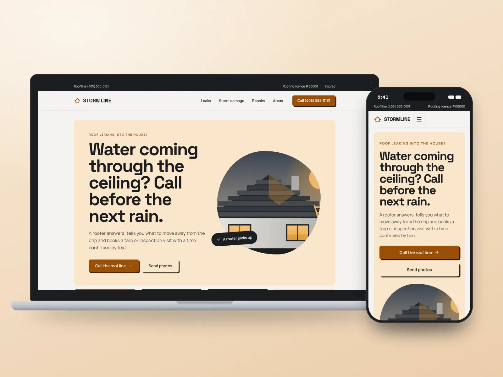 Stormline Roof Repair, a bold amber and charcoal roof repair website on a laptop and a phone, with a call button, leak and storm tiles, and a roof drawn under a stormy sky.