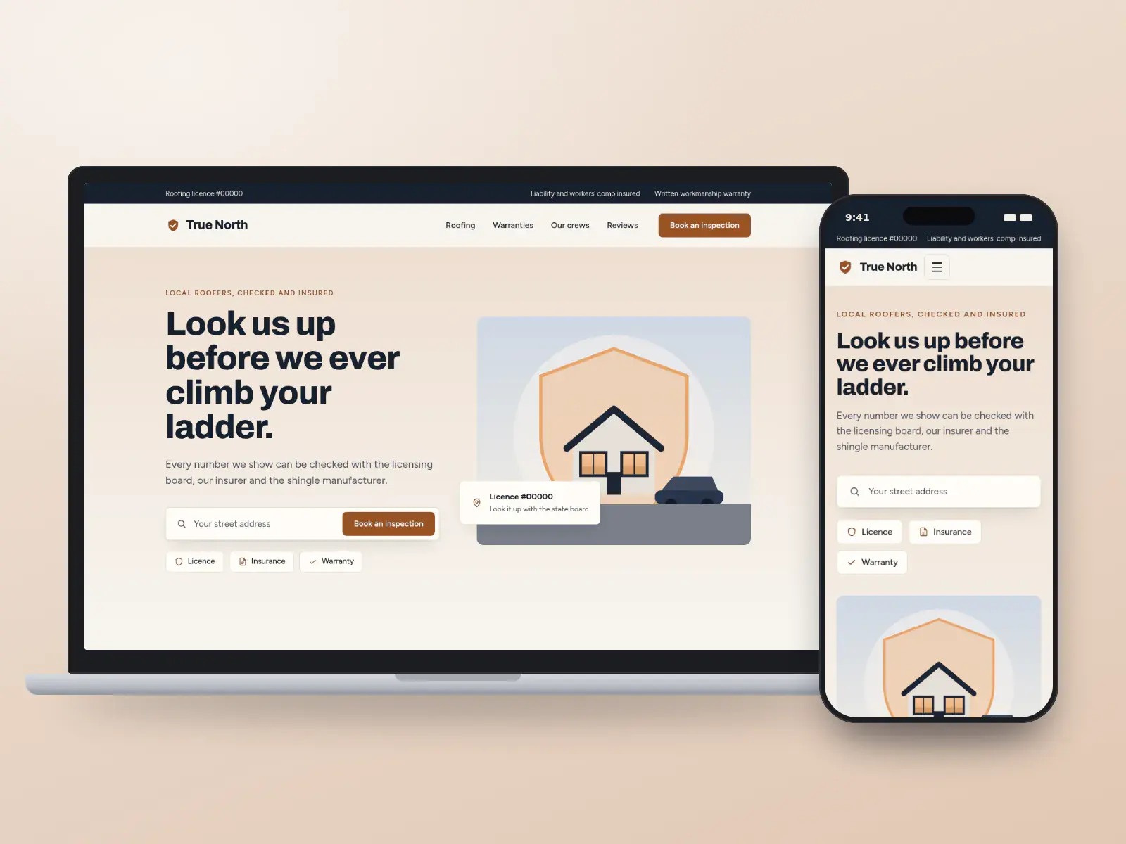 True North Roofing, a midnight and copper roofing website on a laptop and a phone, with a licence check search, credential tiles and a shield over a house drawing.