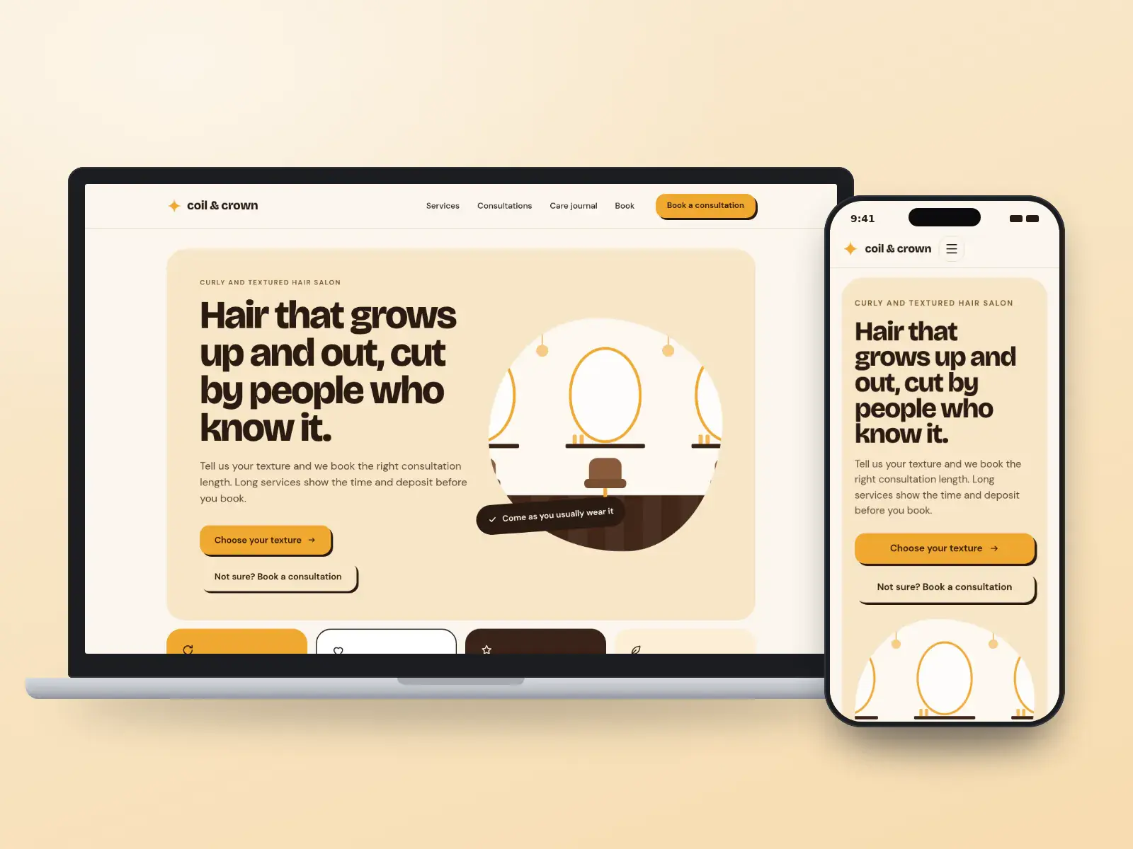 Coil & Crown, a cocoa and marigold textured hair salon website with oversized type, a rounded drawing of a salon and four texture tiles, shown on a laptop and a phone.