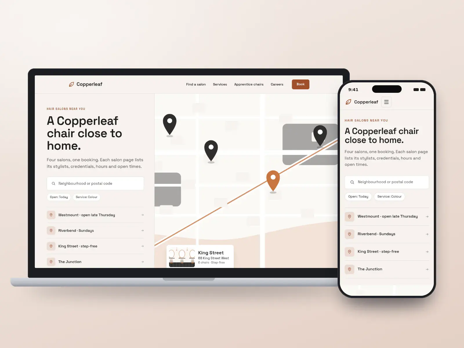 Copperleaf Salons, a copper and charcoal salon group website with a salon finder beside a neighbourhood map of salon pins and a salon card, shown on a laptop and a phone.