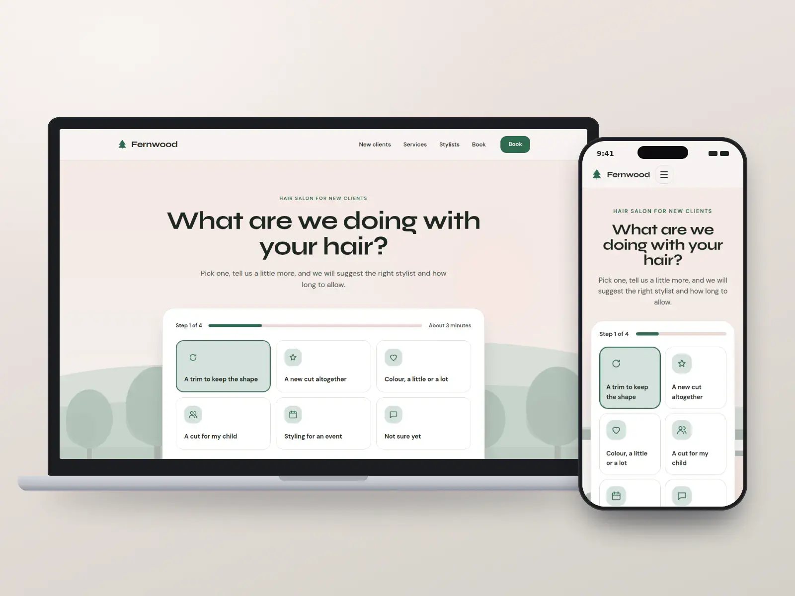 Fernwood Hair Co., a fern green and blush hair salon website with a step-by-step booking chooser for new clients over a soft drawn garden wash, shown on a laptop and a phone.