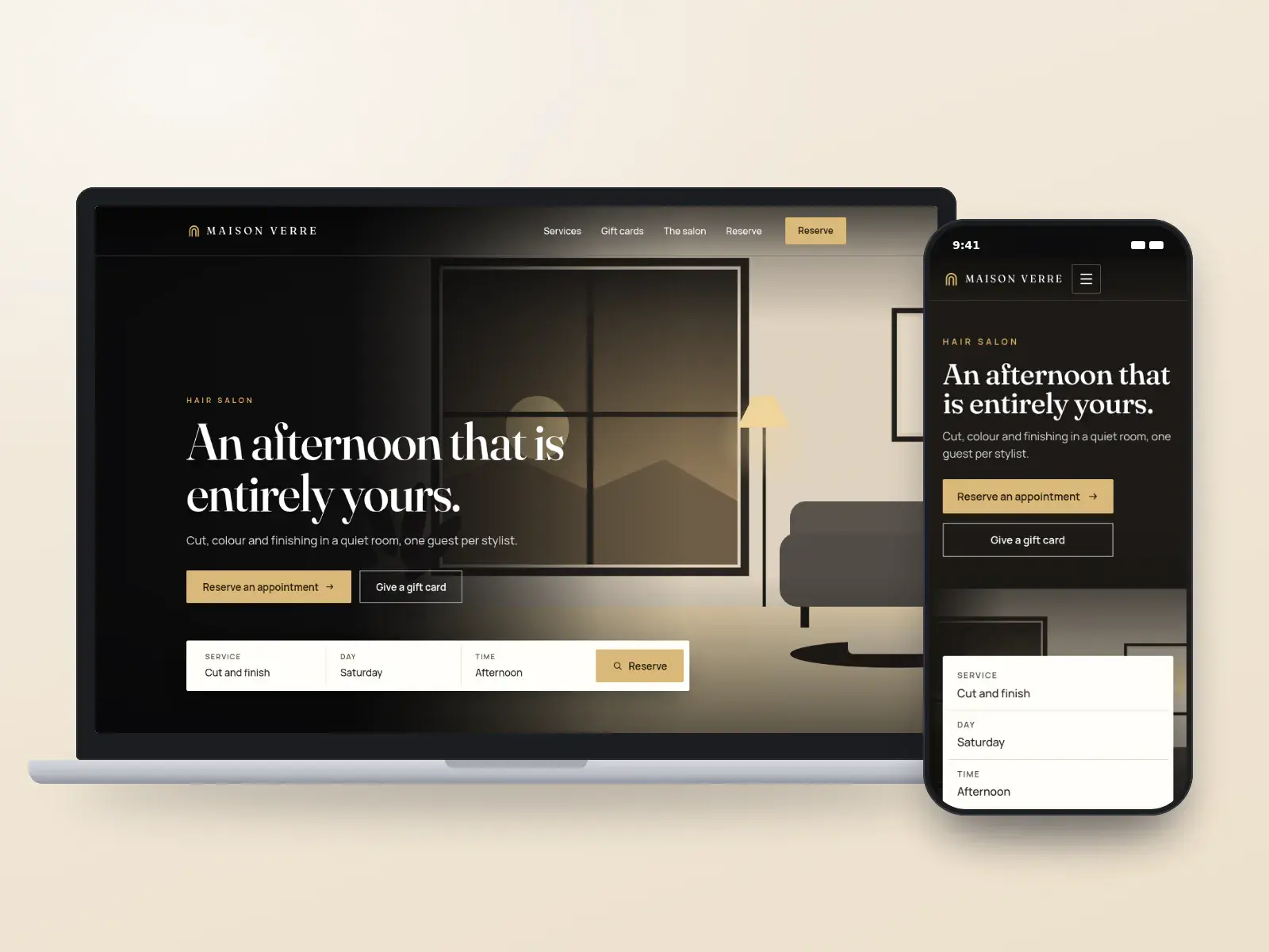 Maison Verre, a champagne and ink luxury hair salon website with a full-width drawn room, a serif headline and a reservation bar, shown on a laptop and a phone.