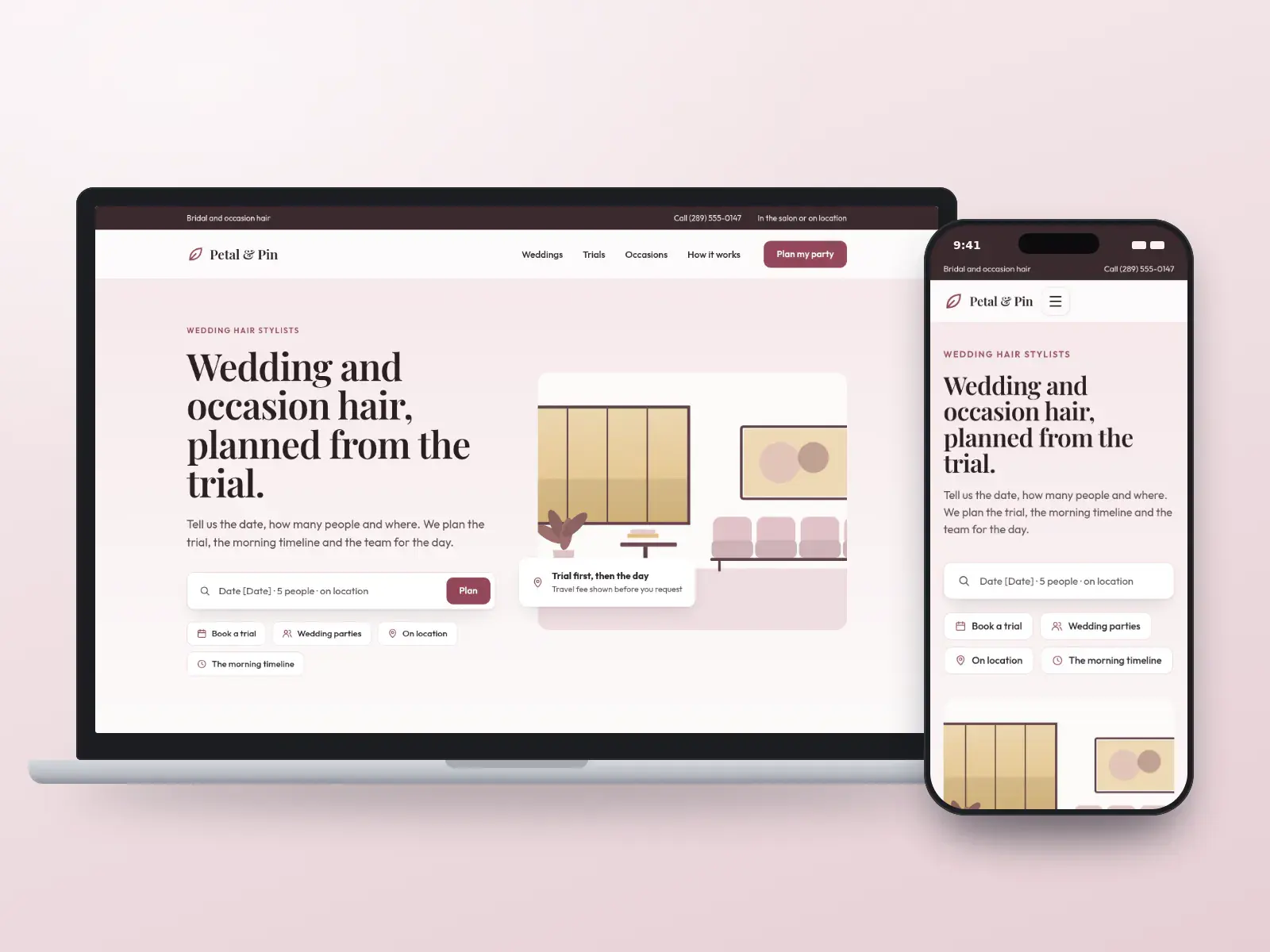 Petal & Pin, a dusty rose and soft gold bridal hair website with a wedding party planner search, quick links and a drawn salon waiting room, shown on a laptop and a phone.