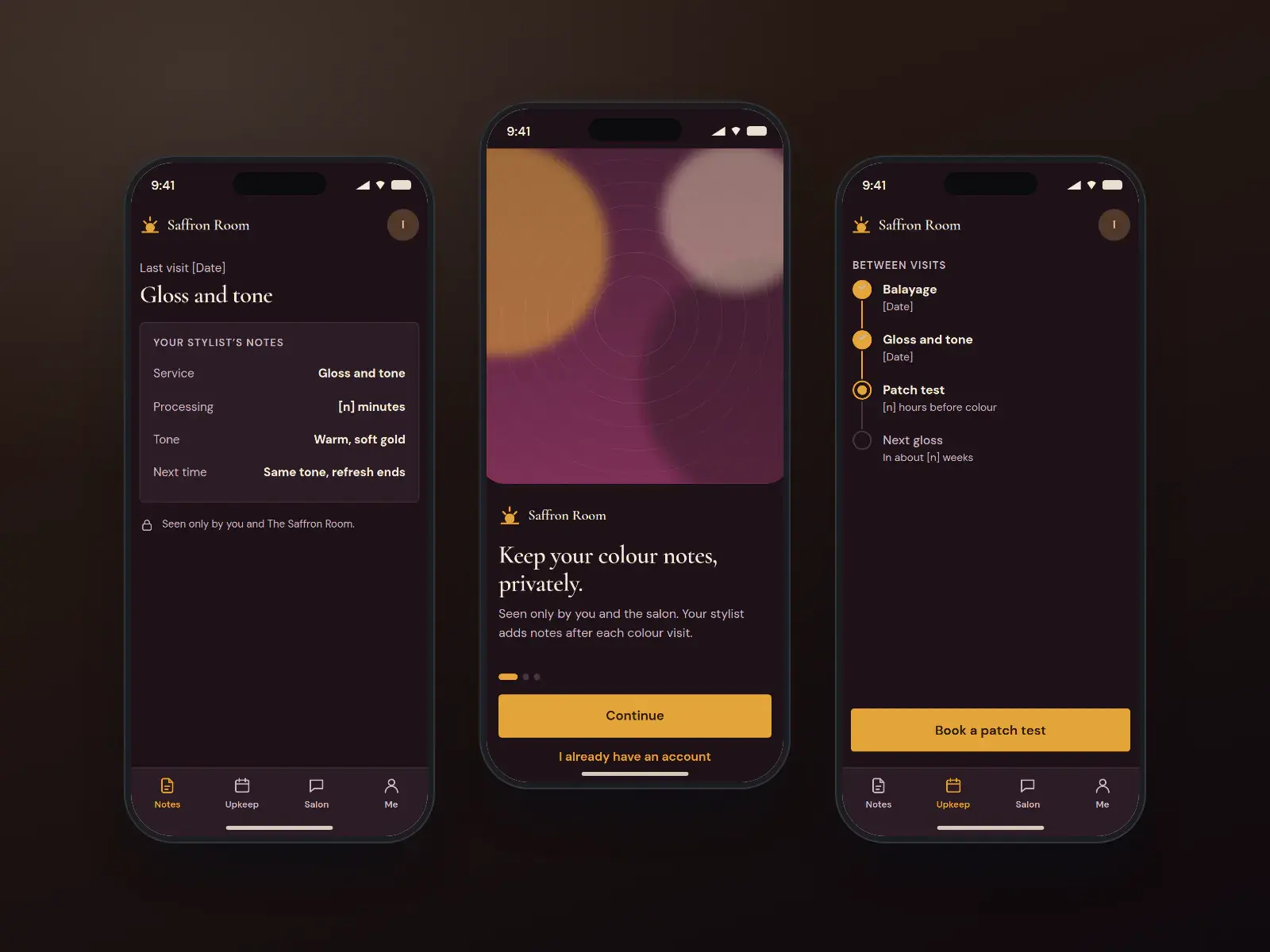 Saffron colour notes, three plum and saffron dark-mode phone screens: a private onboarding, colour notes from the last visit, and an upkeep plan with a patch test reminder.