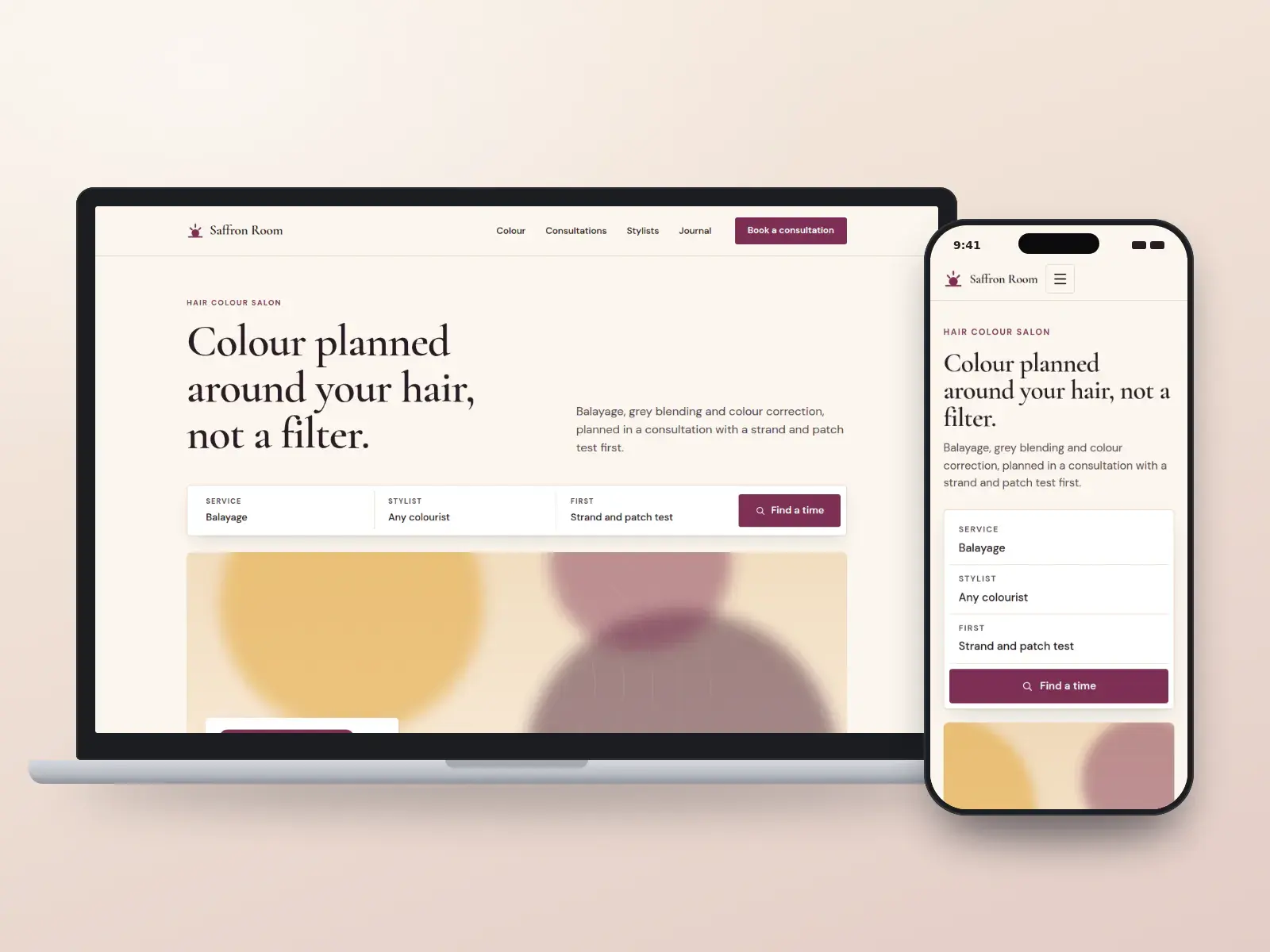 The Saffron Room, a saffron and plum hair colour salon website with a serif headline, a consultation search bar and a wide drawing in plum and gold tones, shown on a laptop and a phone.