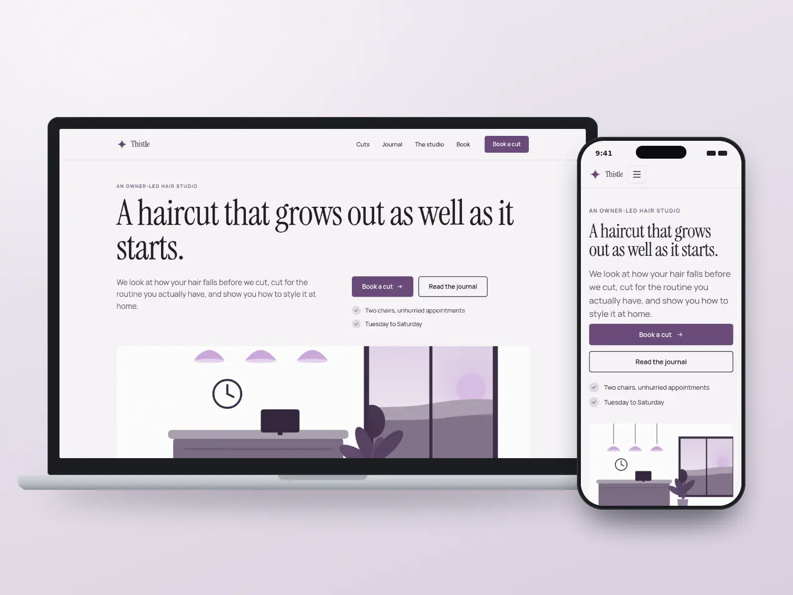 Thistle Hair Studio, a thistle purple and linen editorial hair studio website with a large serif headline and a wide drawing of a studio reception, shown on a laptop and a phone.