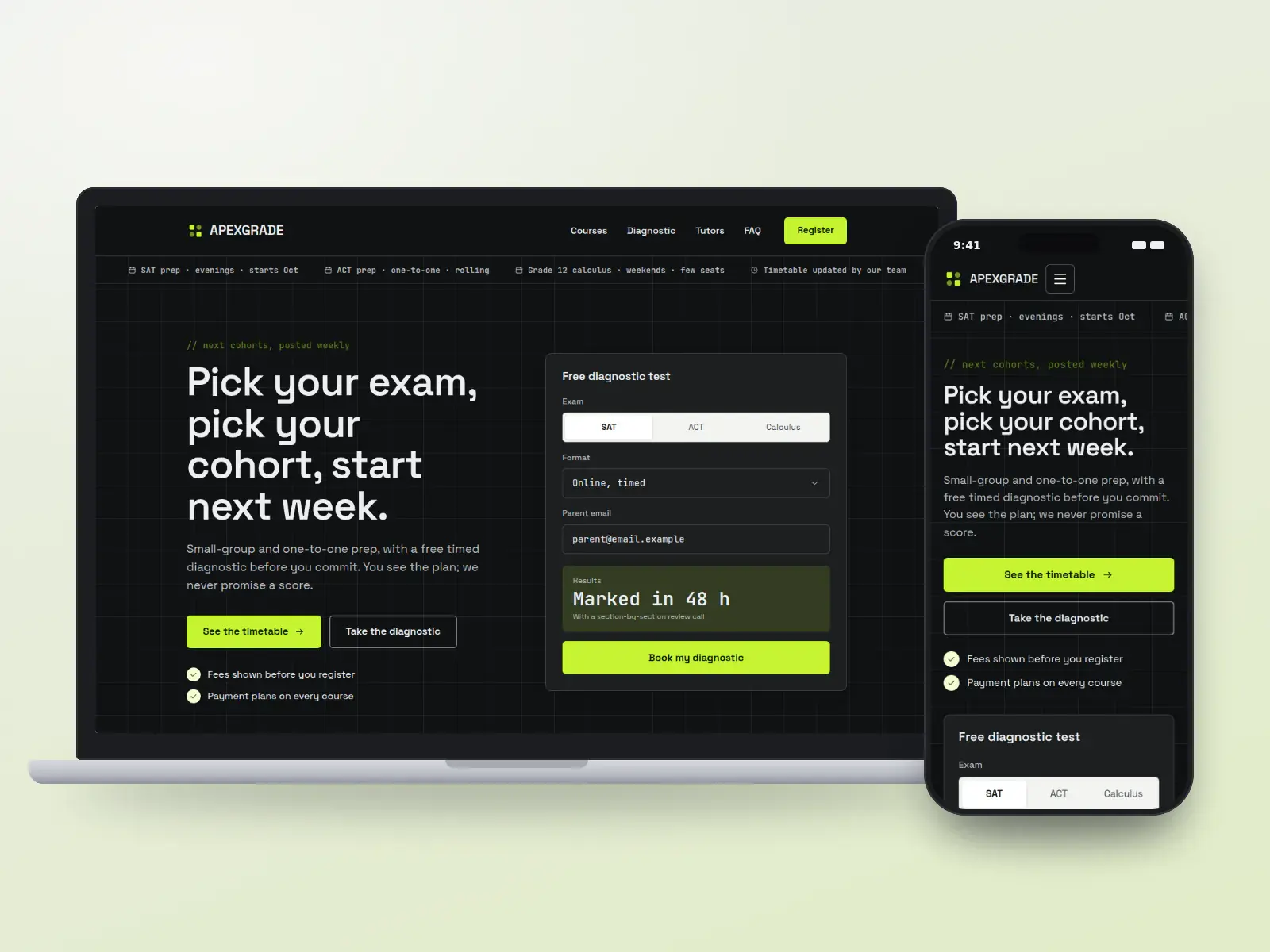 Apexgrade, a graphite and signal lime exam-prep website with a cohort ticker, a diagnostic test sign-up panel and a course timetable, shown on a laptop and a phone.