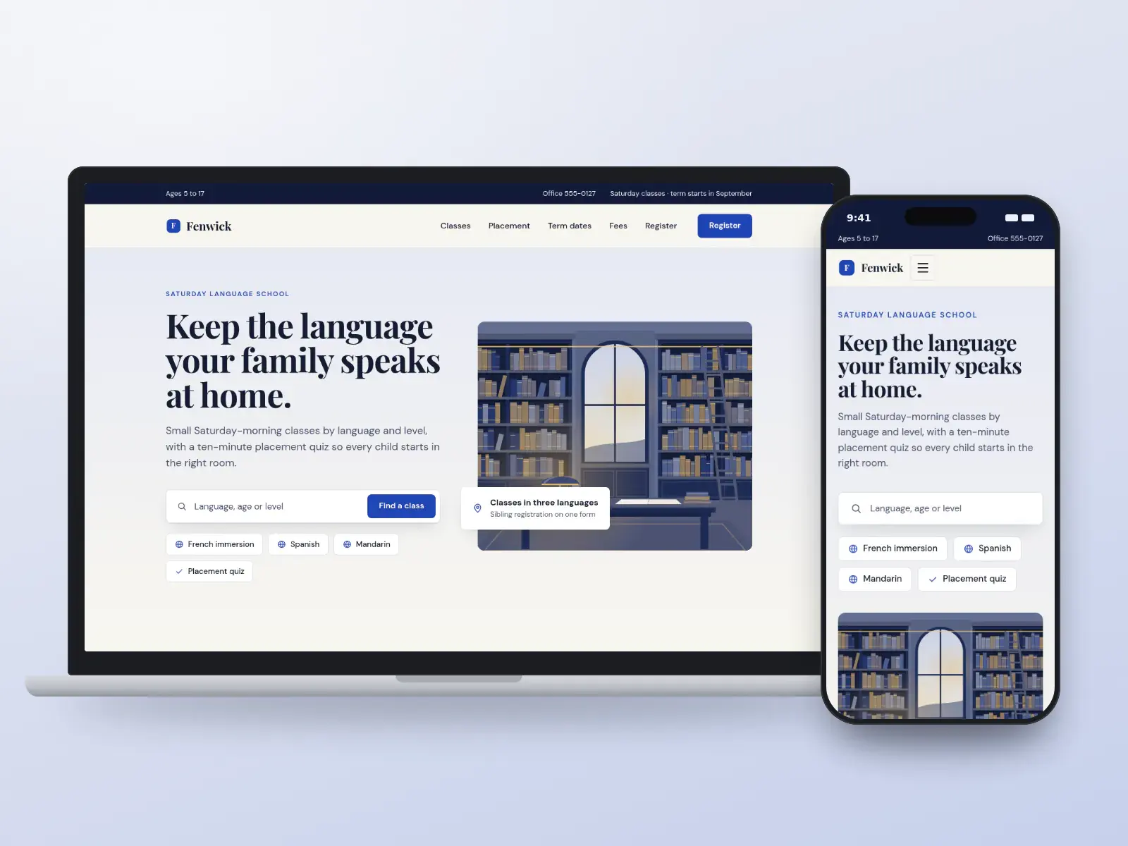 Fenwick Language School, a cobalt and paper Saturday language school website with a class search, level quick links and an illustration of a library reading room, shown on a laptop and a phone.
