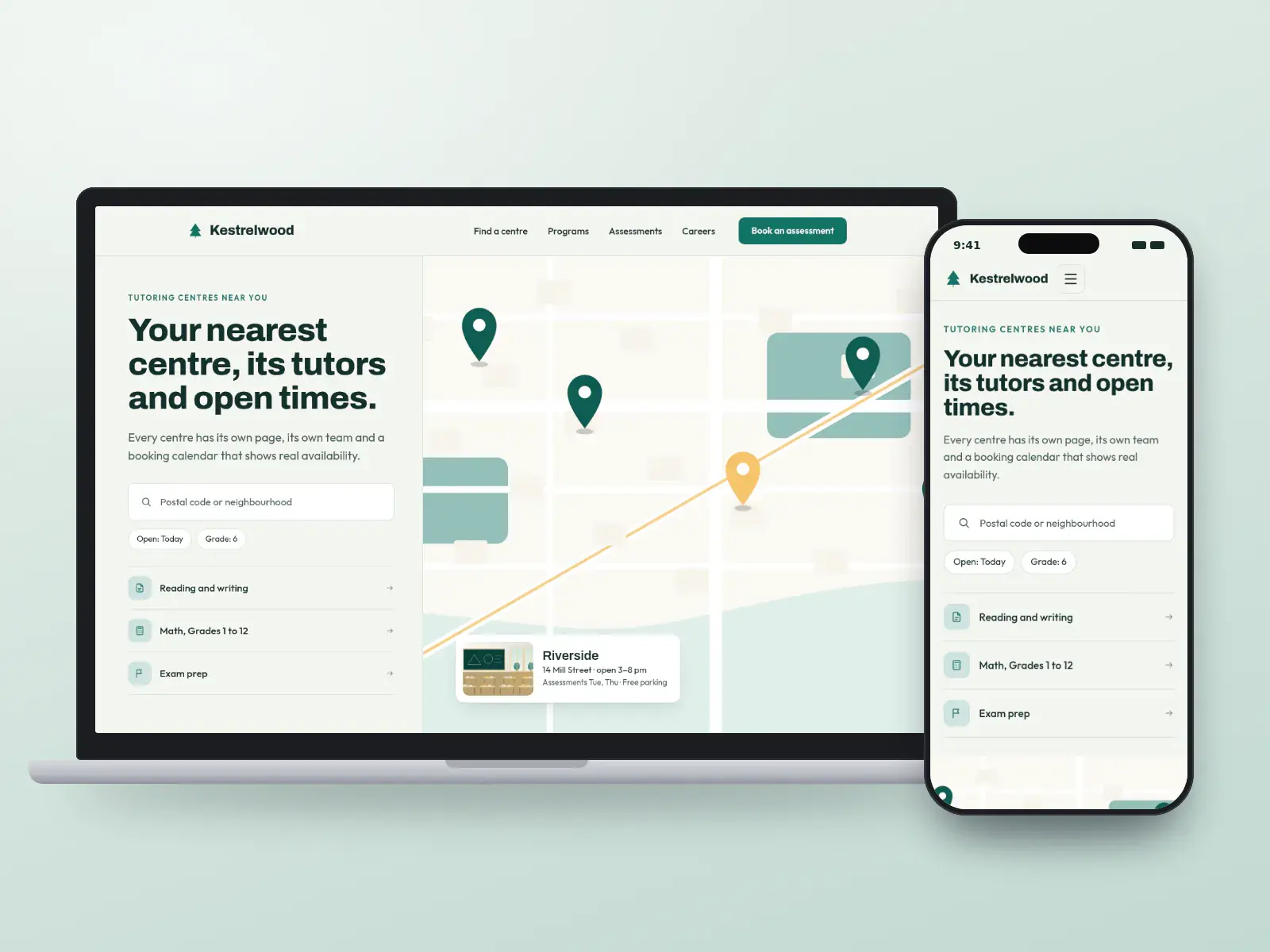 Kestrelwood Learning Centres, a teal and cream tutoring website with a drawn map of centres, a centre card with opening hours and a list of programs, shown on a laptop and a phone.