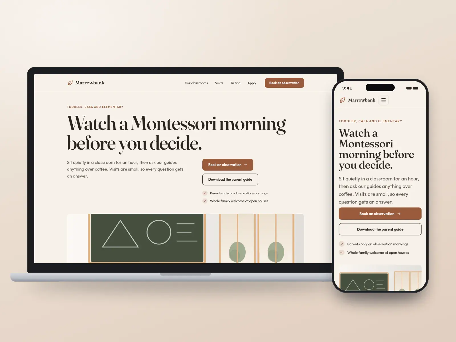 Marrowbank Montessori, a clay and sage Montessori school website with a large serif headline, a wide classroom illustration and a visit-booking bar, shown on a laptop and a phone.