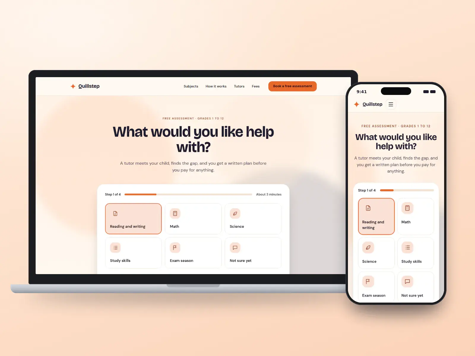 Quillstep Tutoring, a tangerine and ink tutoring centre website with a step-by-step subject chooser on a soft tangerine gradient, shown on a laptop and a phone.