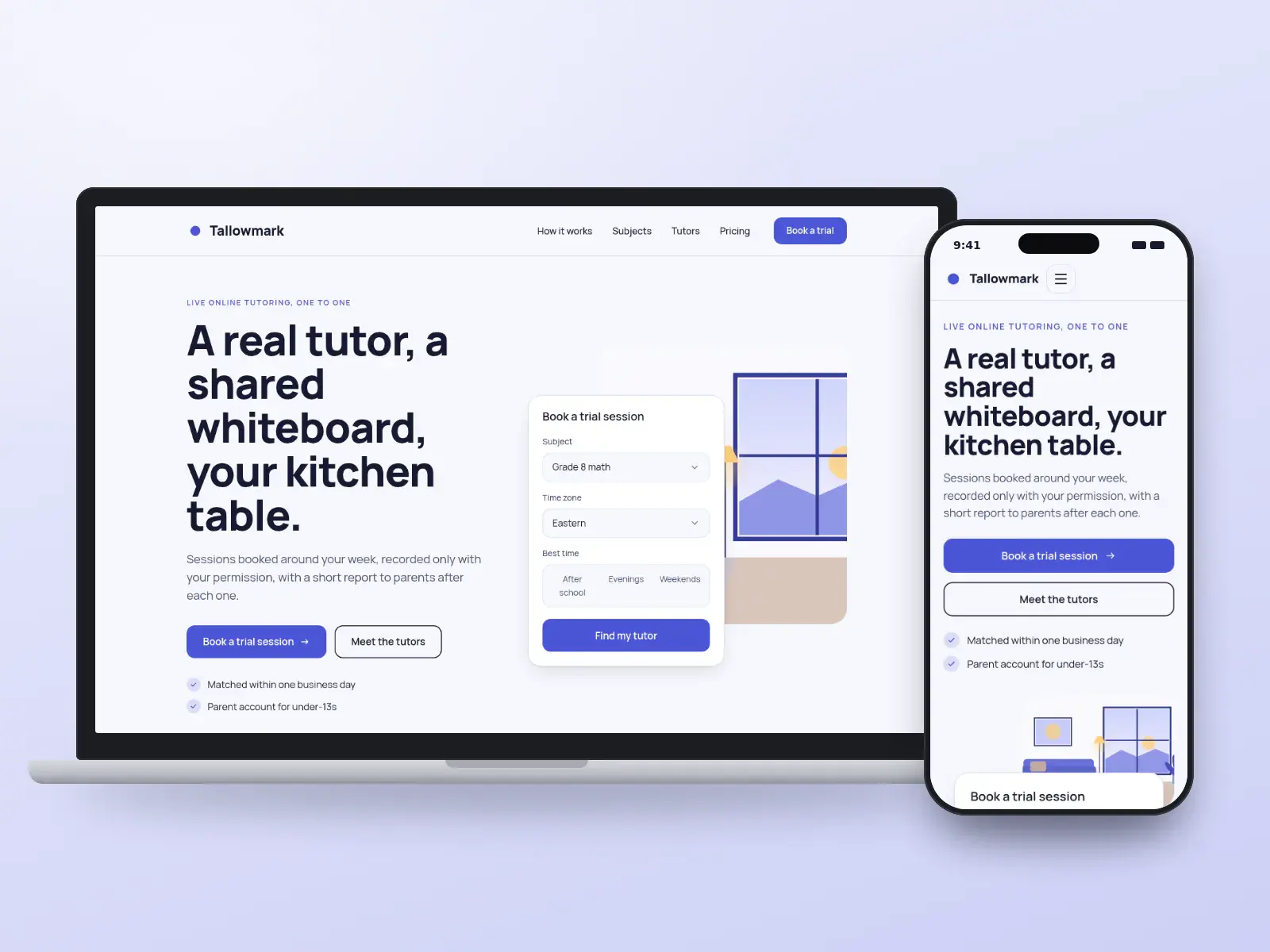 Tallowmark, a periwinkle and white online tutoring website with a trial-session booking card over an illustration of a quiet study room, shown on a laptop and a phone.
