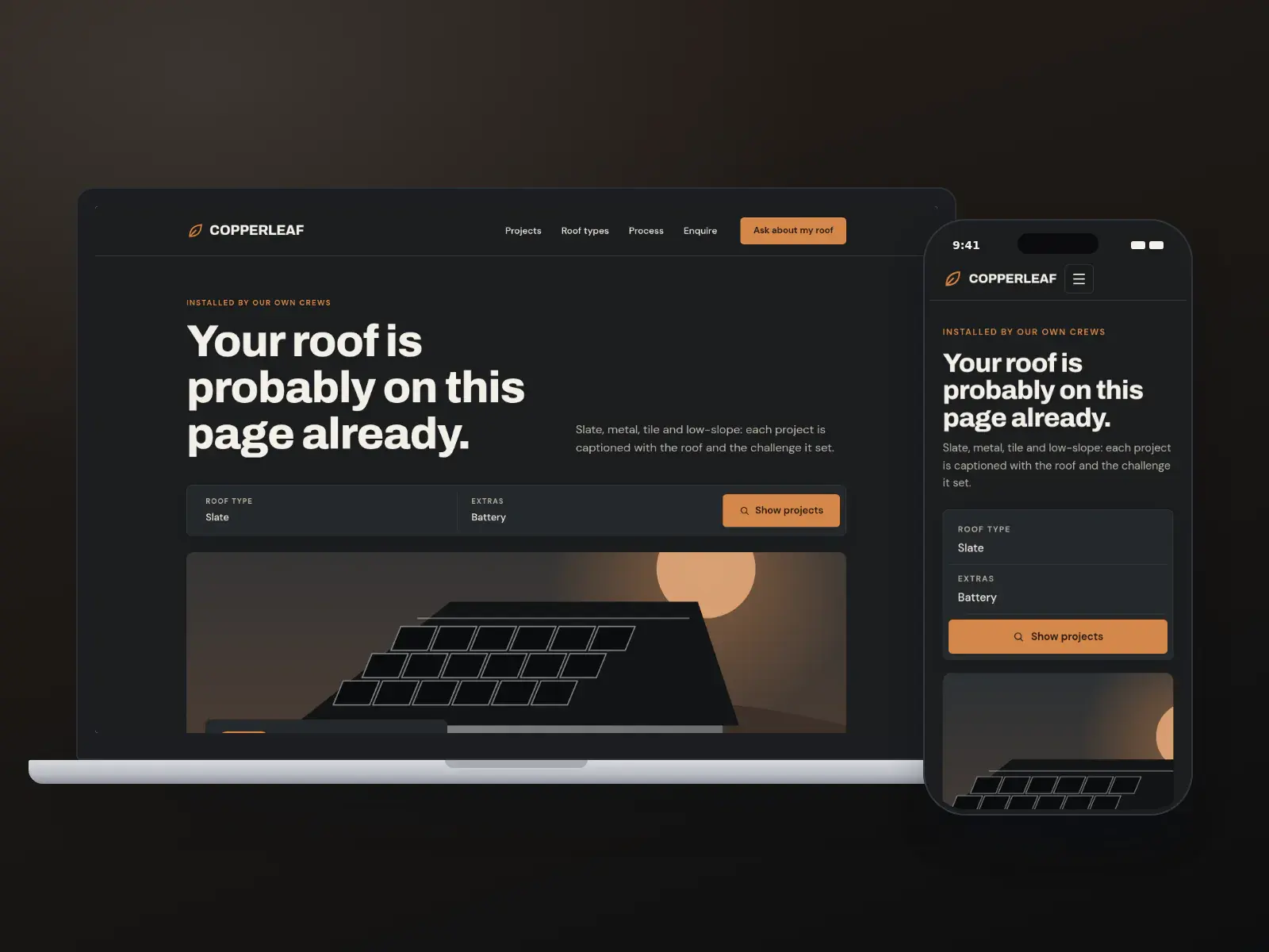 Copperleaf Solar, a copper and charcoal solar project gallery website on a laptop and a phone, with a roof-type search bar and captioned rooftop and ground-mount projects.