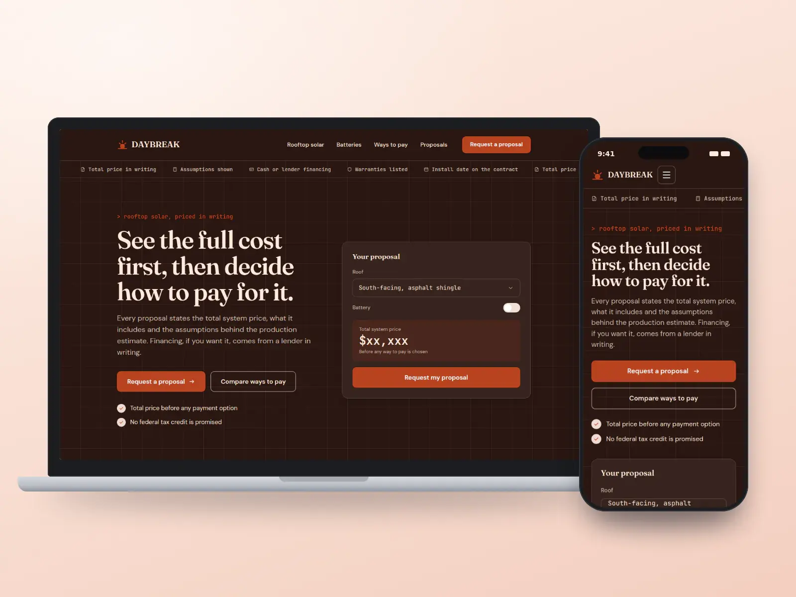 Daybreak Solar Works, a sunrise coral and night solar installer website on a laptop and a phone, with a dark masthead, a proposal panel showing the total price and a payment comparison.