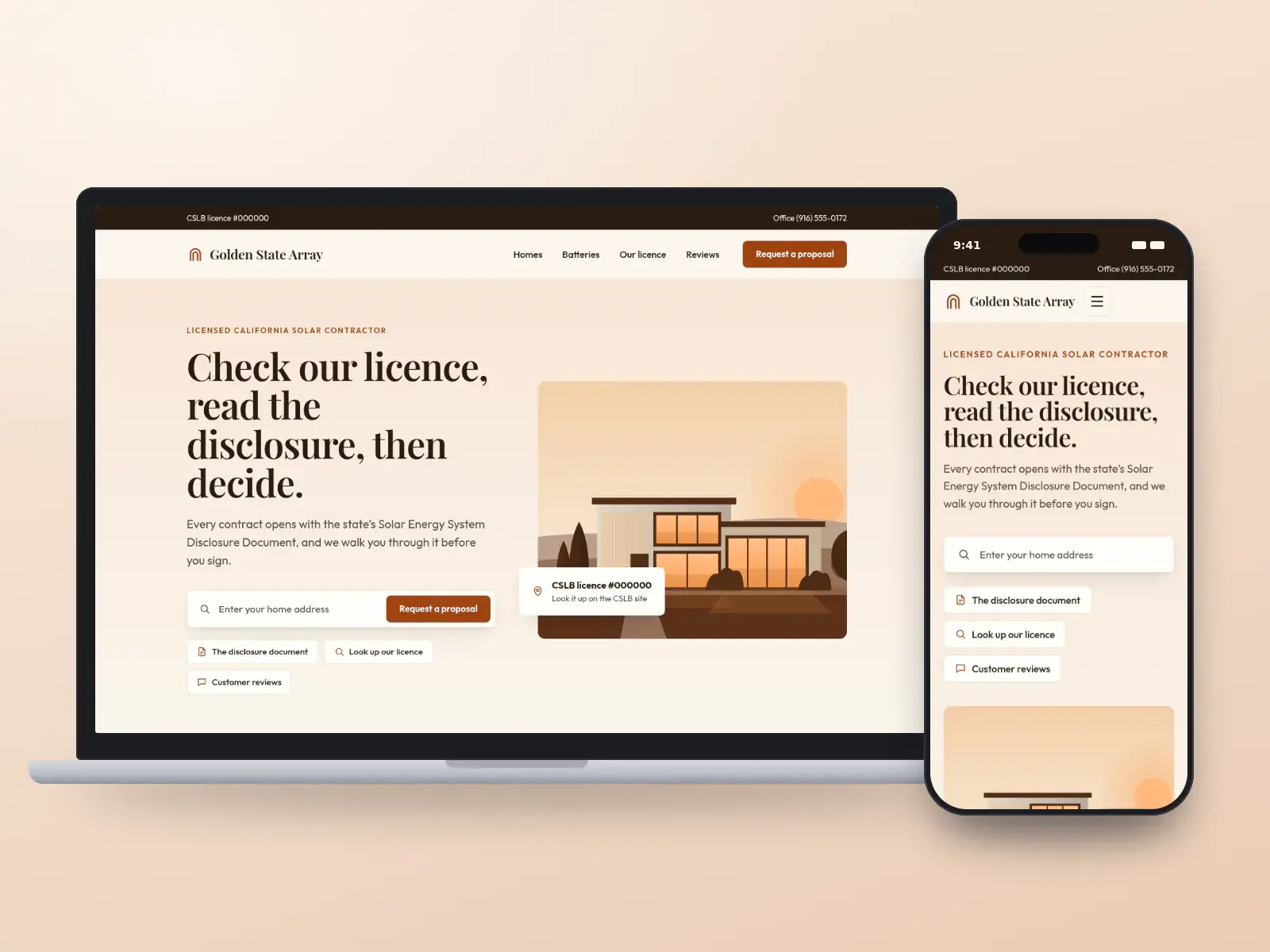 Golden State Array, a poppy and sand California solar contractor website on a laptop and a phone, with the CSLB licence number beside a serif headline and a home with rooftop panels.