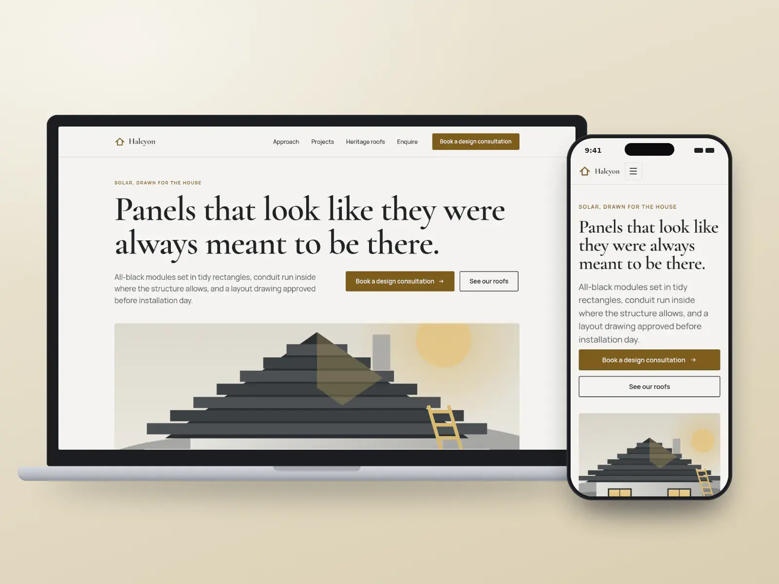 Halcyon Rooftop, a slate and brass editorial solar website on a laptop and a phone, with a serif headline about tidy panel layouts, a rooftop solar illustration and design guides.