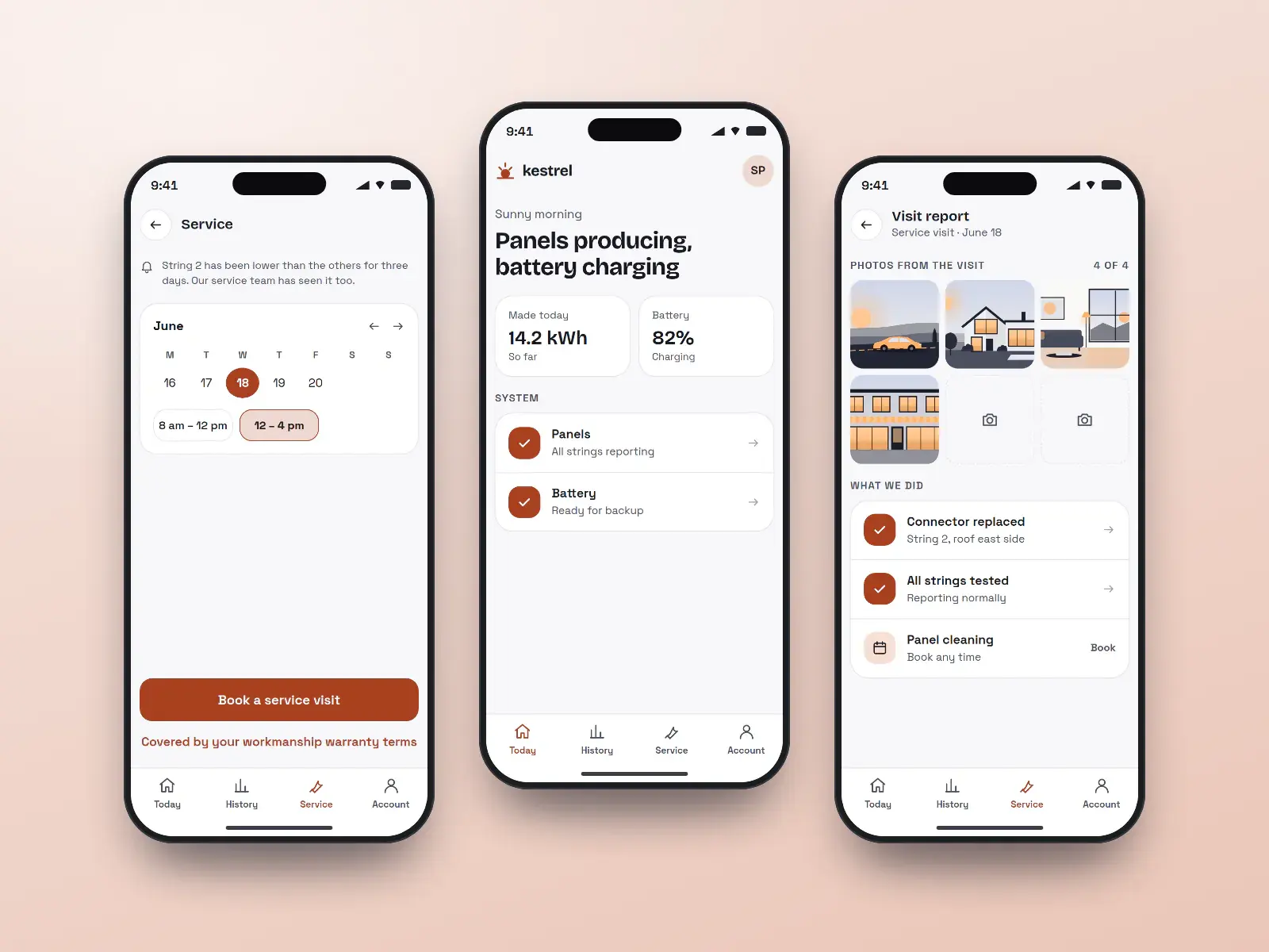 Kestrel production and service app, three rust and white phone screens: today’s solar production and battery level, a service alert with a booking, and a visit report with photos.