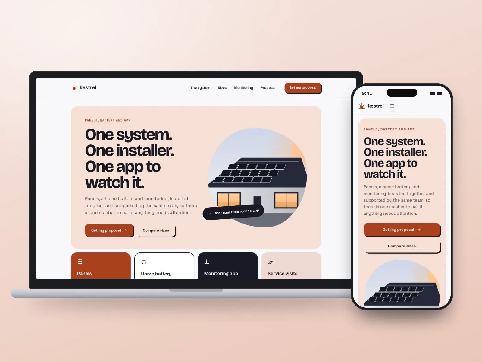 Kestrel Home Energy, a rust and cloud solar and battery website on a laptop and a phone, with a bold headline, a rooftop solar illustration and tiles for panels, battery and app.