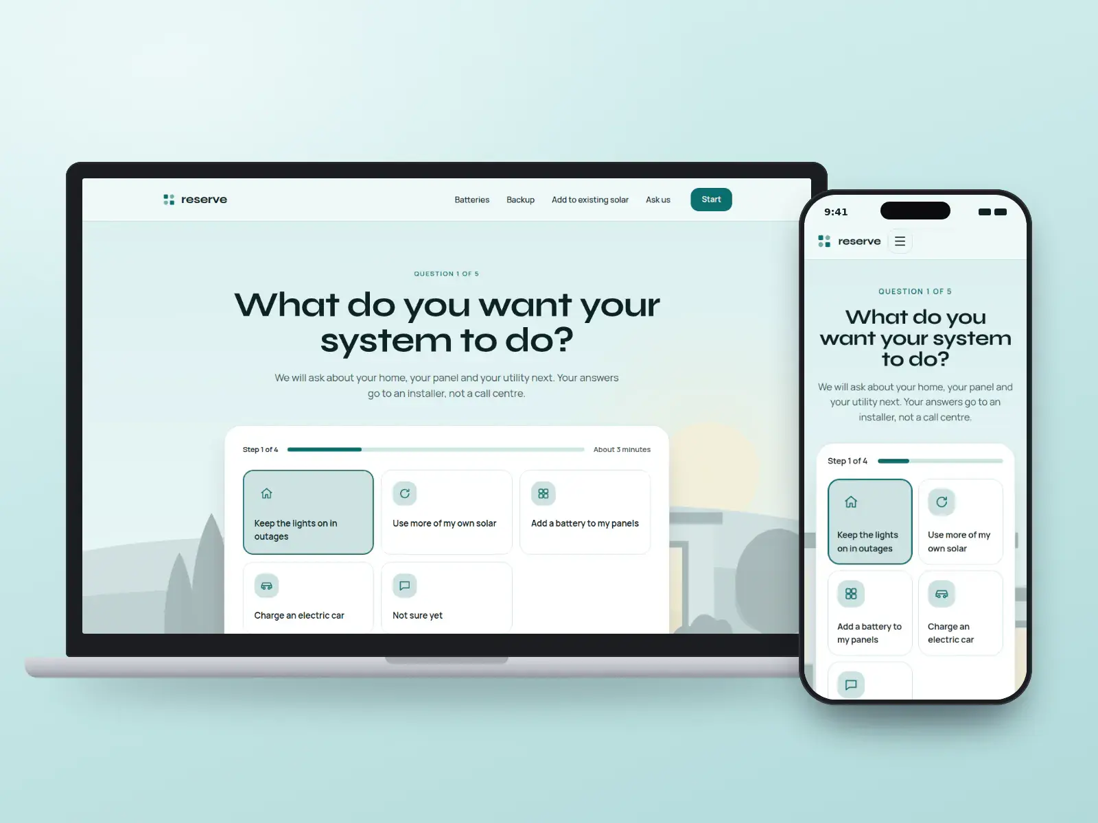 Reserve Battery & Solar, a teal and white home battery website on a laptop and a phone, with a five-question card asking what the battery should do, beside a house at dusk.