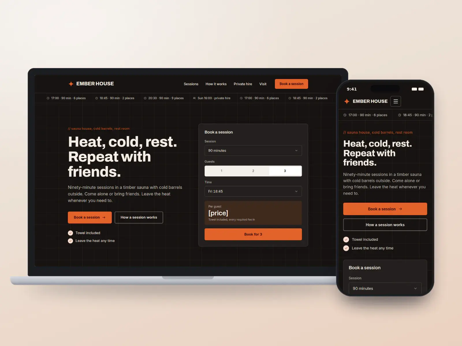 Ember House Sauna, a charred black, ember orange and birch sauna house website with a ticker of open sessions and a session booking panel, shown on a laptop and a phone.