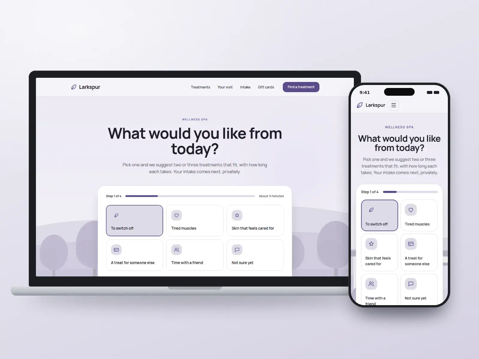 Larkspur Wellness Spa, a lavender and fog spa website with a step-by-step treatment chooser over a soft drawn garden wash, shown on a laptop and a phone.