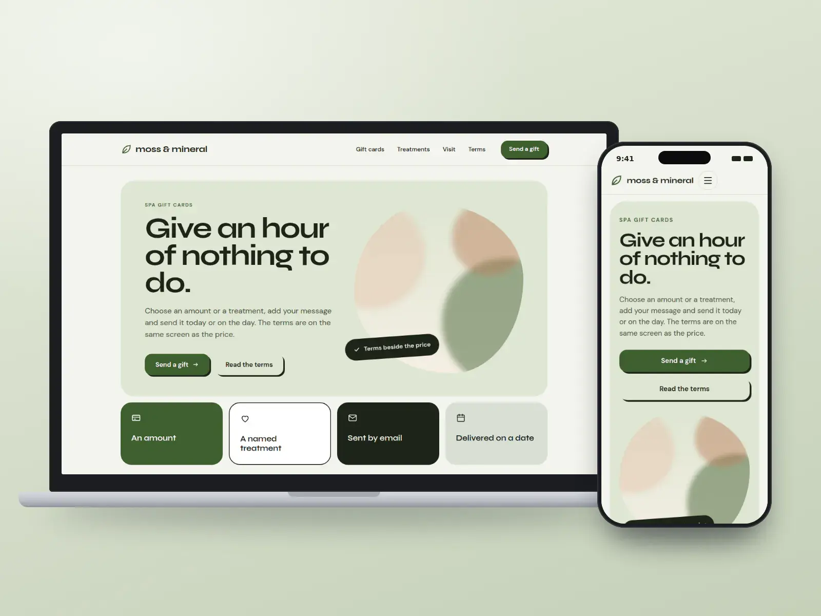 Moss & Mineral Spa, a moss and clay spa gift card website with oversized type, a rounded drawing in stone colours and four gift tiles, shown on a laptop and a phone.