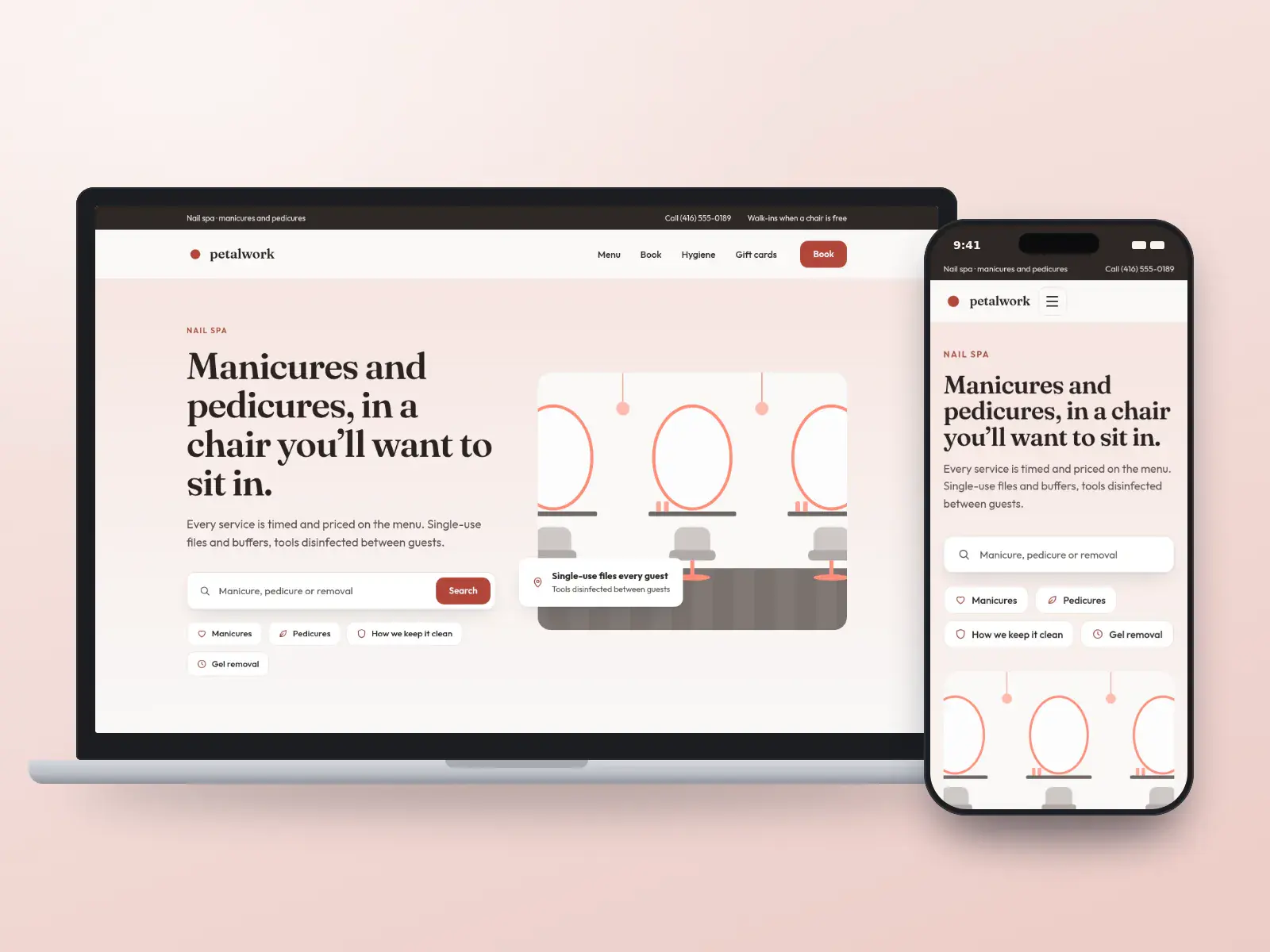 Petalwork Nail Spa, a soft coral and pearl grey nail spa website with a menu search, quick links for manicures, pedicures and hygiene and a drawn salon, on a laptop and a phone.
