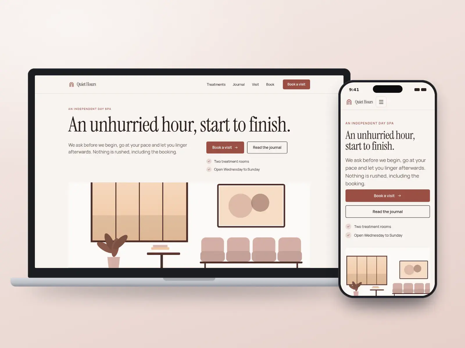 Quiet Hours Spa, a rose clay and linen editorial day spa website with a large serif headline and a wide drawing of a calm waiting room, shown on a laptop and a phone.