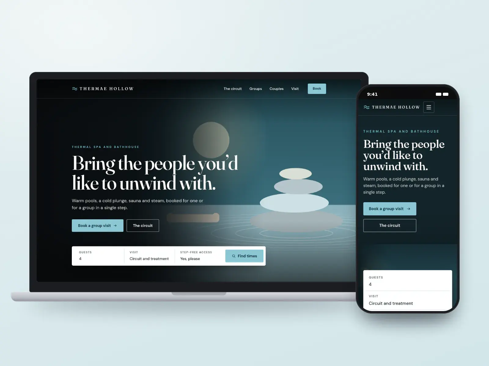 Thermae Hollow, a thermal blue and stone bathhouse spa website with a full-width drawing of pools and stones at dusk, a serif headline and a group booking bar, on a laptop and a phone.