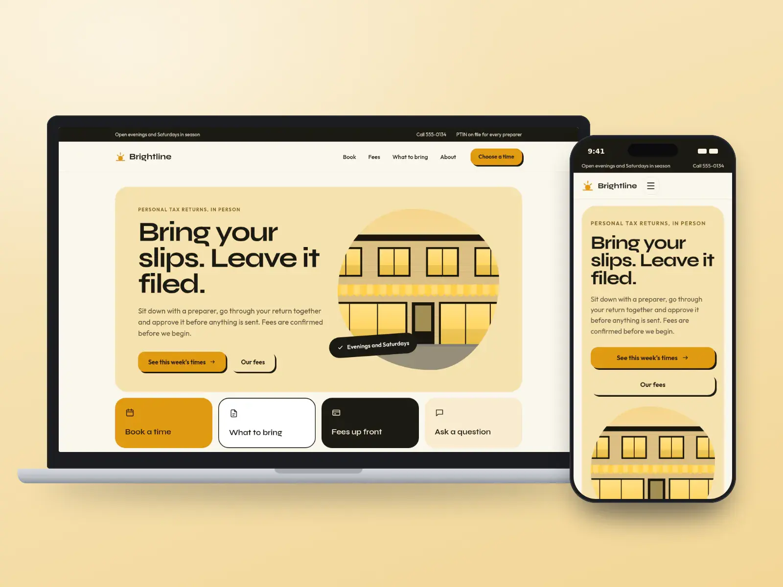 Brightline Tax Studio, a marigold and ink tax office website with big rounded type, a lit shopfront illustration and colourful tiles for booking, fees and what to bring, on a laptop and a phone.