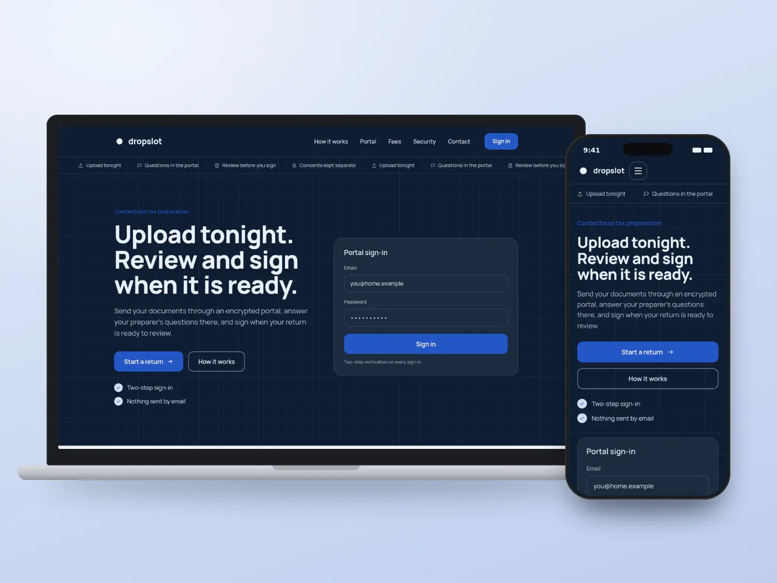 Dropslot Tax, an envelope blue and white tax website with a secure portal sign-in panel, a ticker of drop-off features and an illustration of envelopes and documents, on a laptop and a phone.